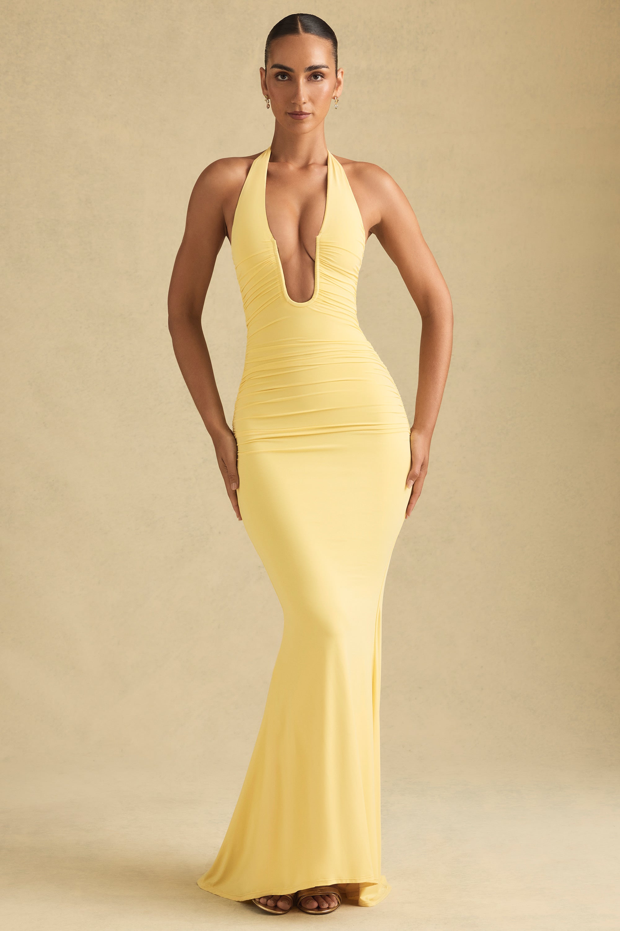 Laverna Ruched Backless Halterneck Gown in Pastel Yellow - Image 5