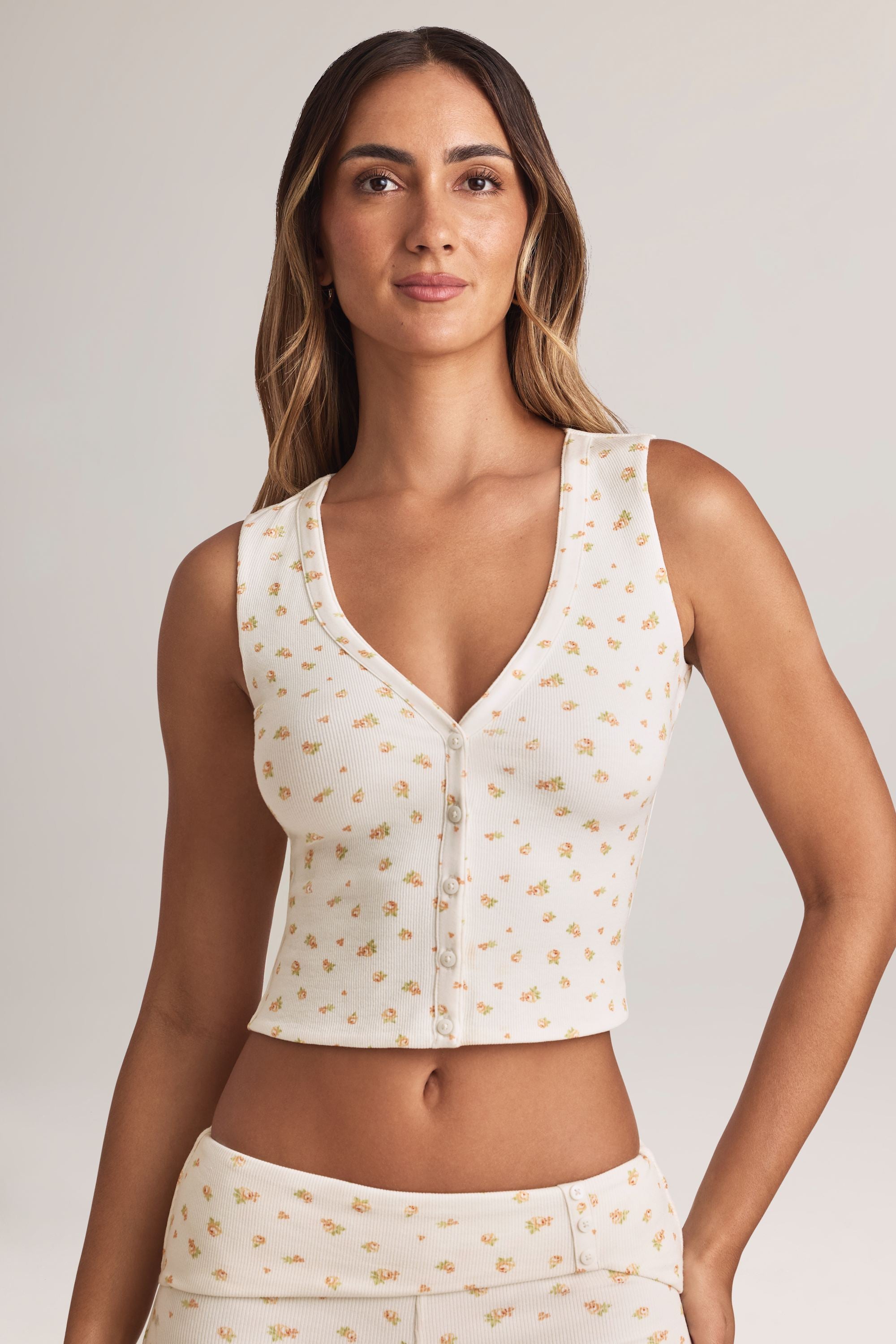 Lene Modal Ribbed Button-Up Vest Top in Floral Print