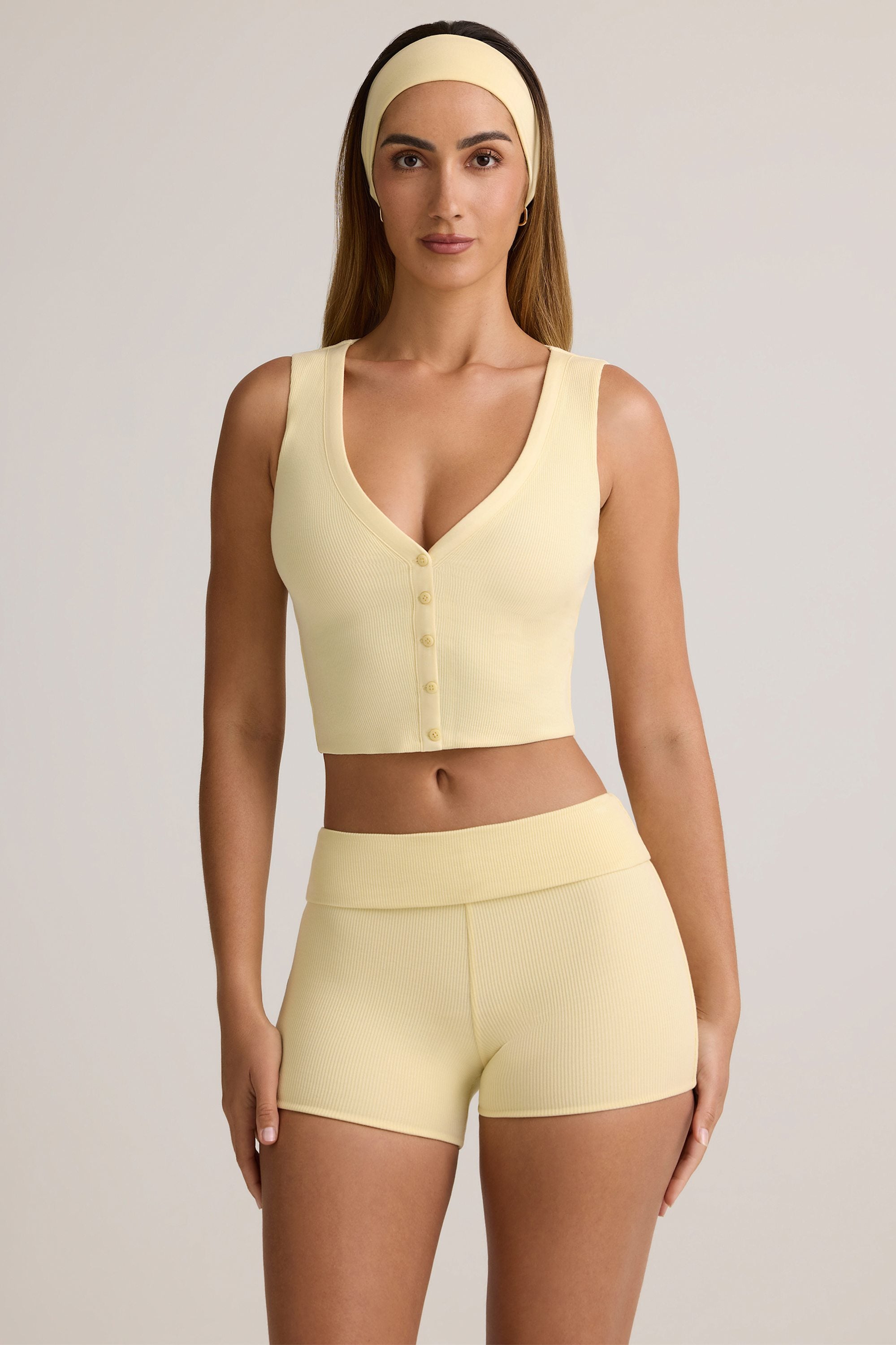 Lene Modal Ribbed Button-Up Vest Top in Buttercream Yellow