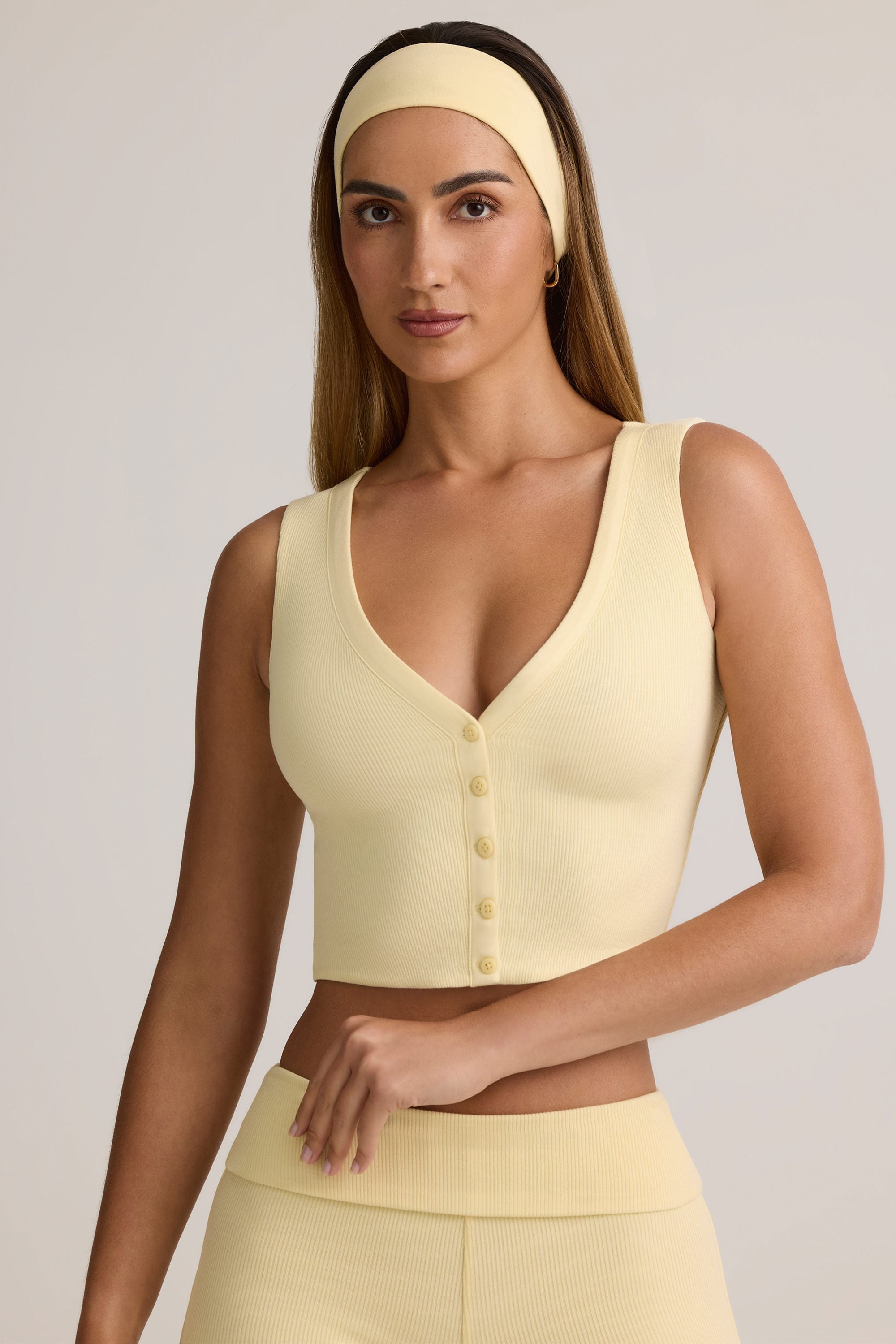 Lene Modal Ribbed Button-Up Vest Top in Buttercream Yellow - Image 5