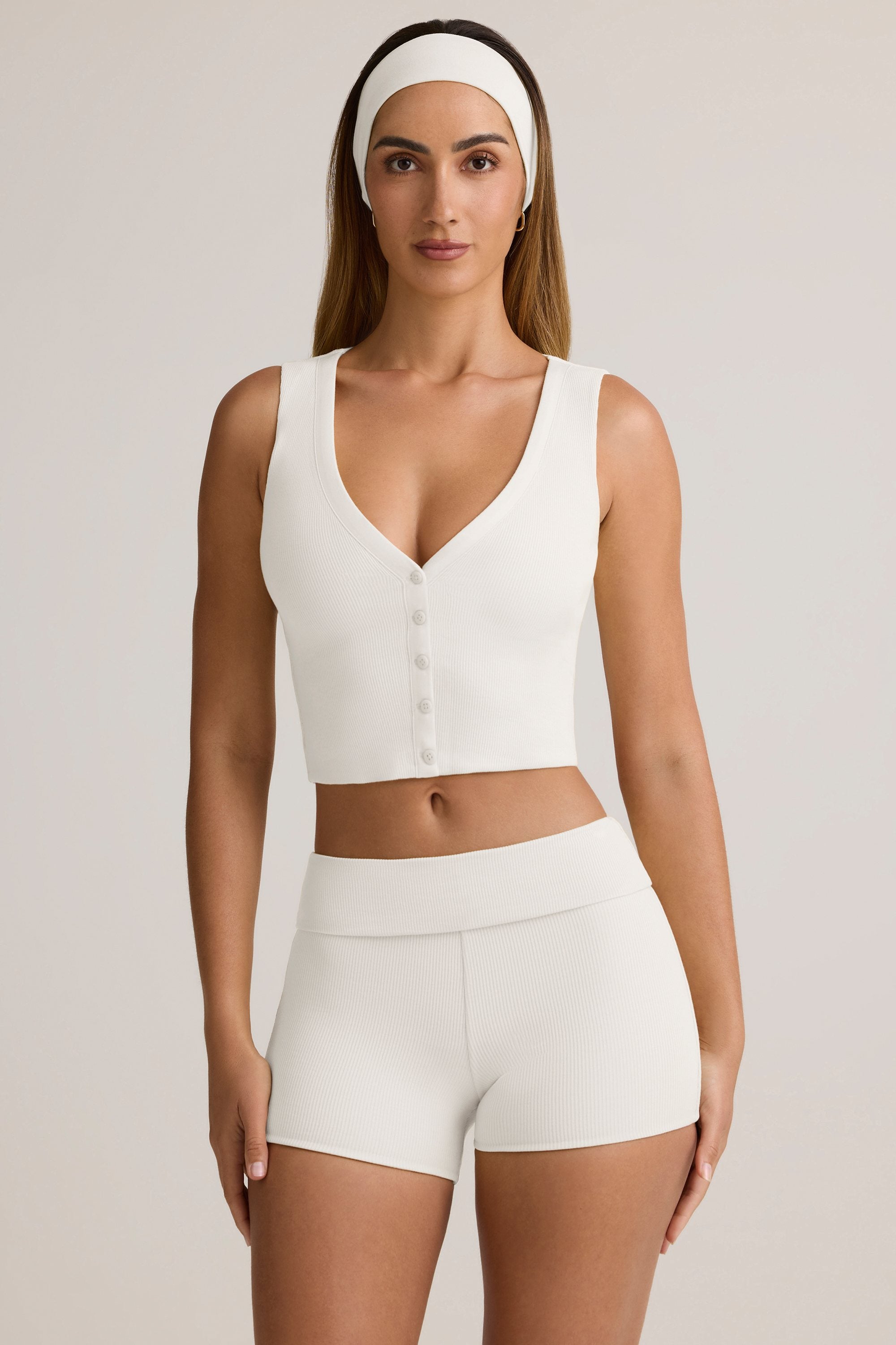 Lene Modal Ribbed Button-Up Vest Top in White - Image 6