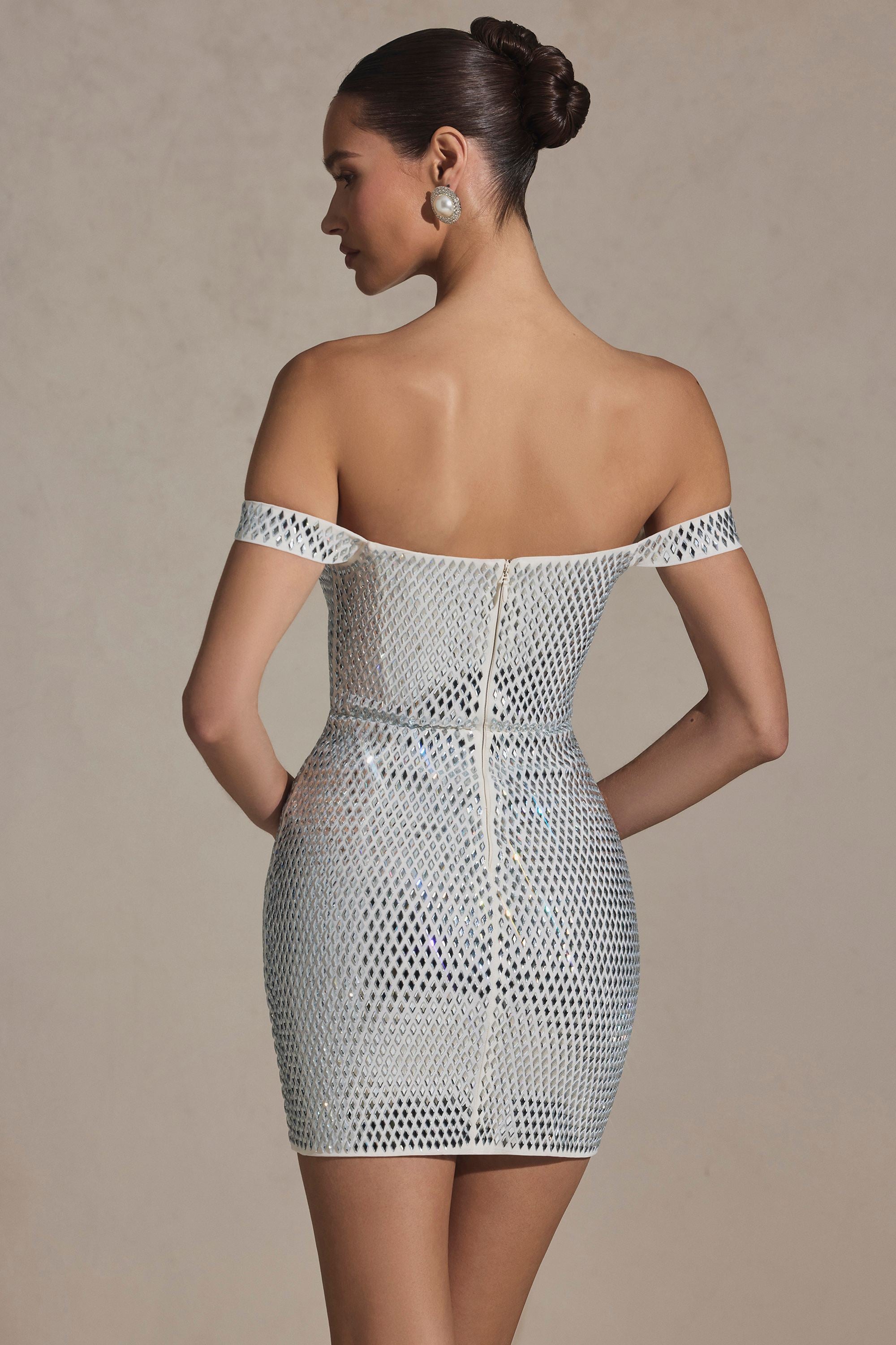Leonora Embellished Off-Shoulder Mini Dress in White - Image 3