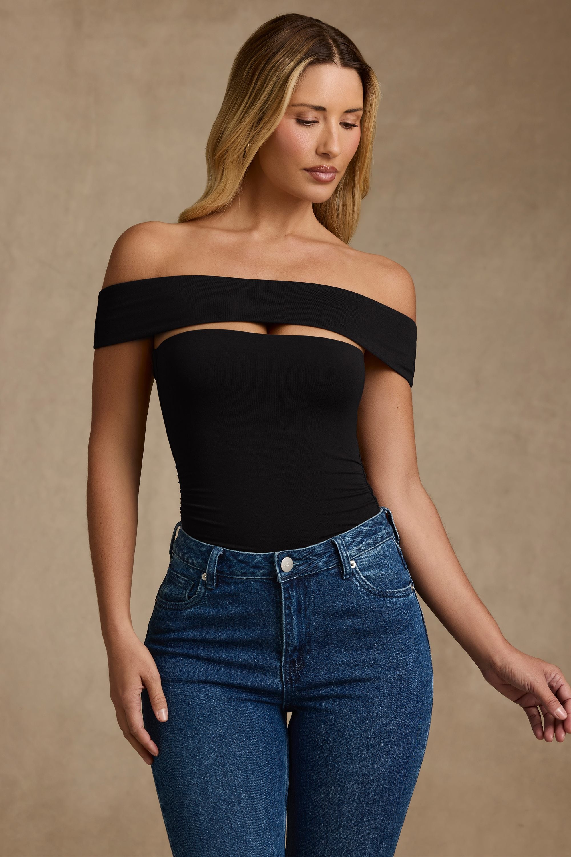 Lida Modal Cut-Out Off-Shoulder Bodysuit in Black - Image 9