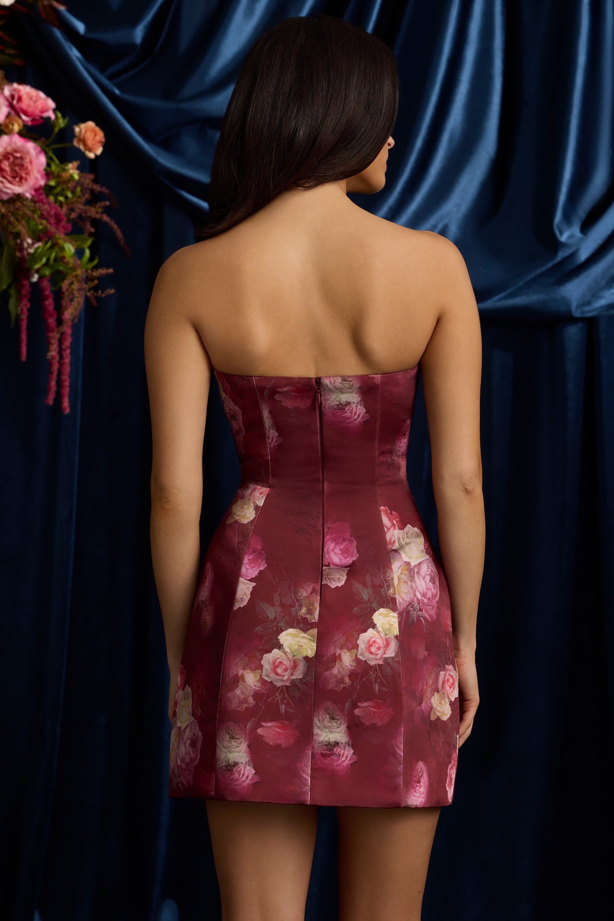 Liliosa Strapless Structured Tulip Mini Dress in Maroon Floral Print - Image 3