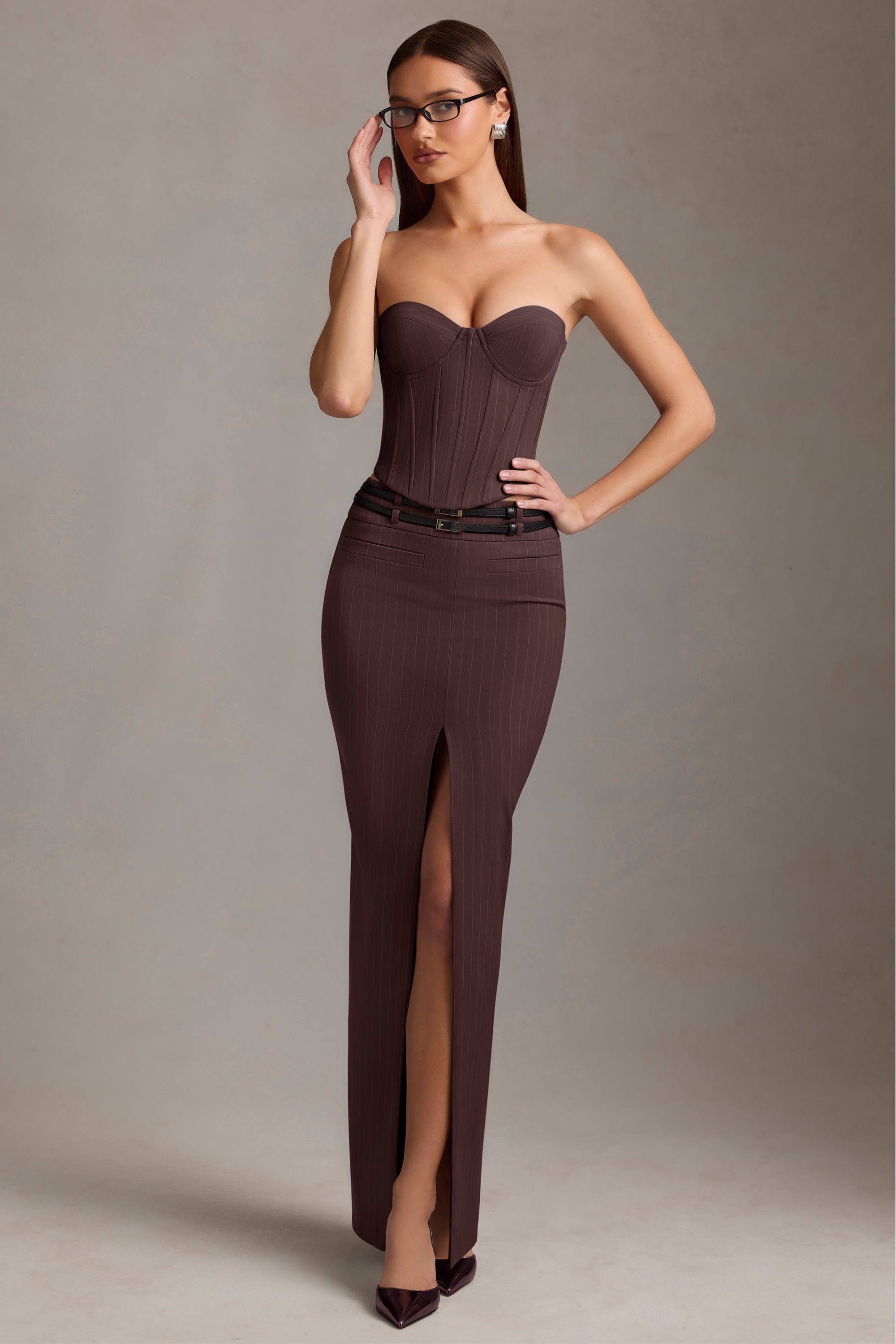 Liora Pinstripe Low-Rise Maxi Skirt in Chocolate Brown