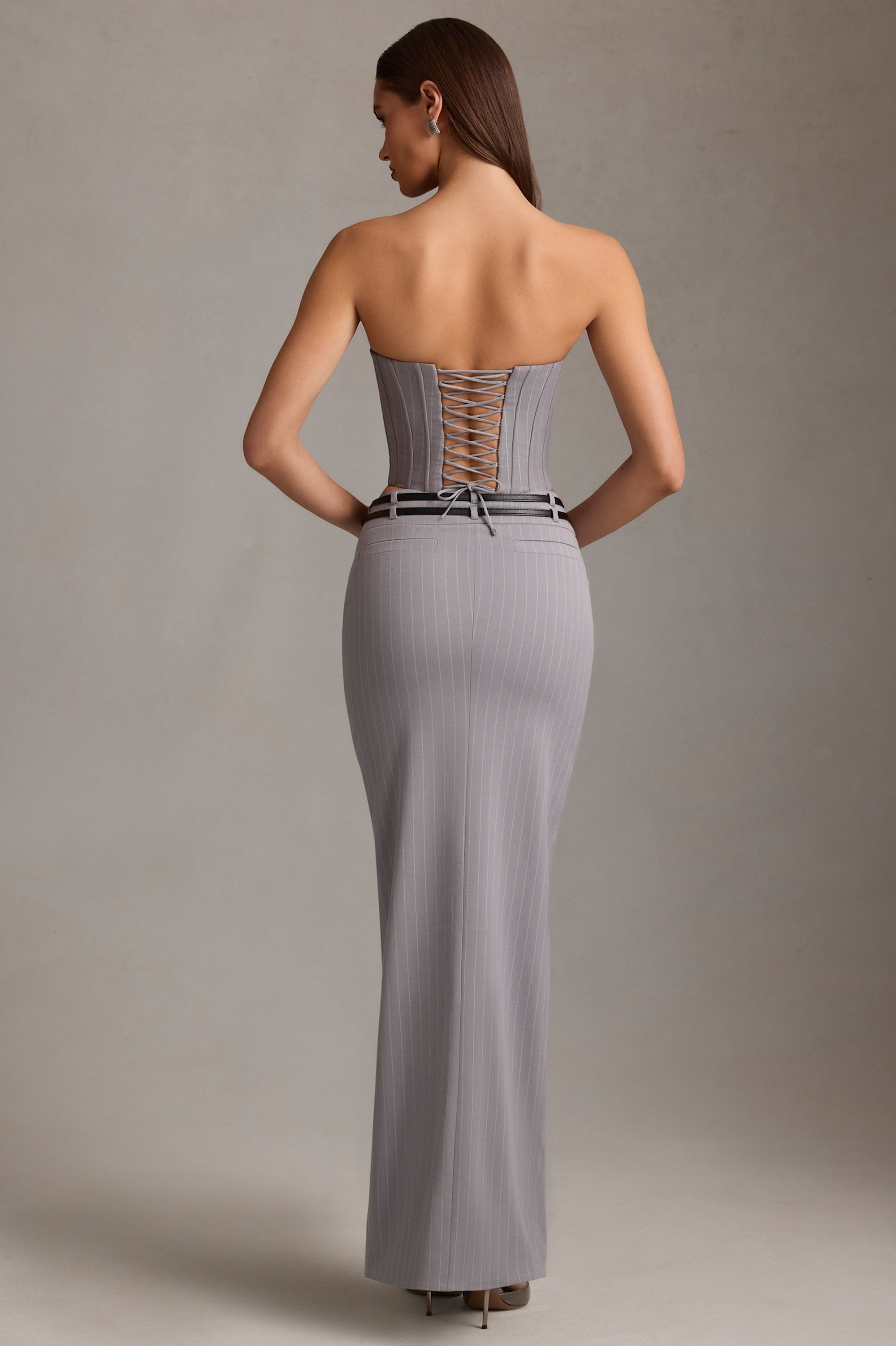 Liora Pinstripe Low-Rise Maxi Skirt in Grey - Image 2