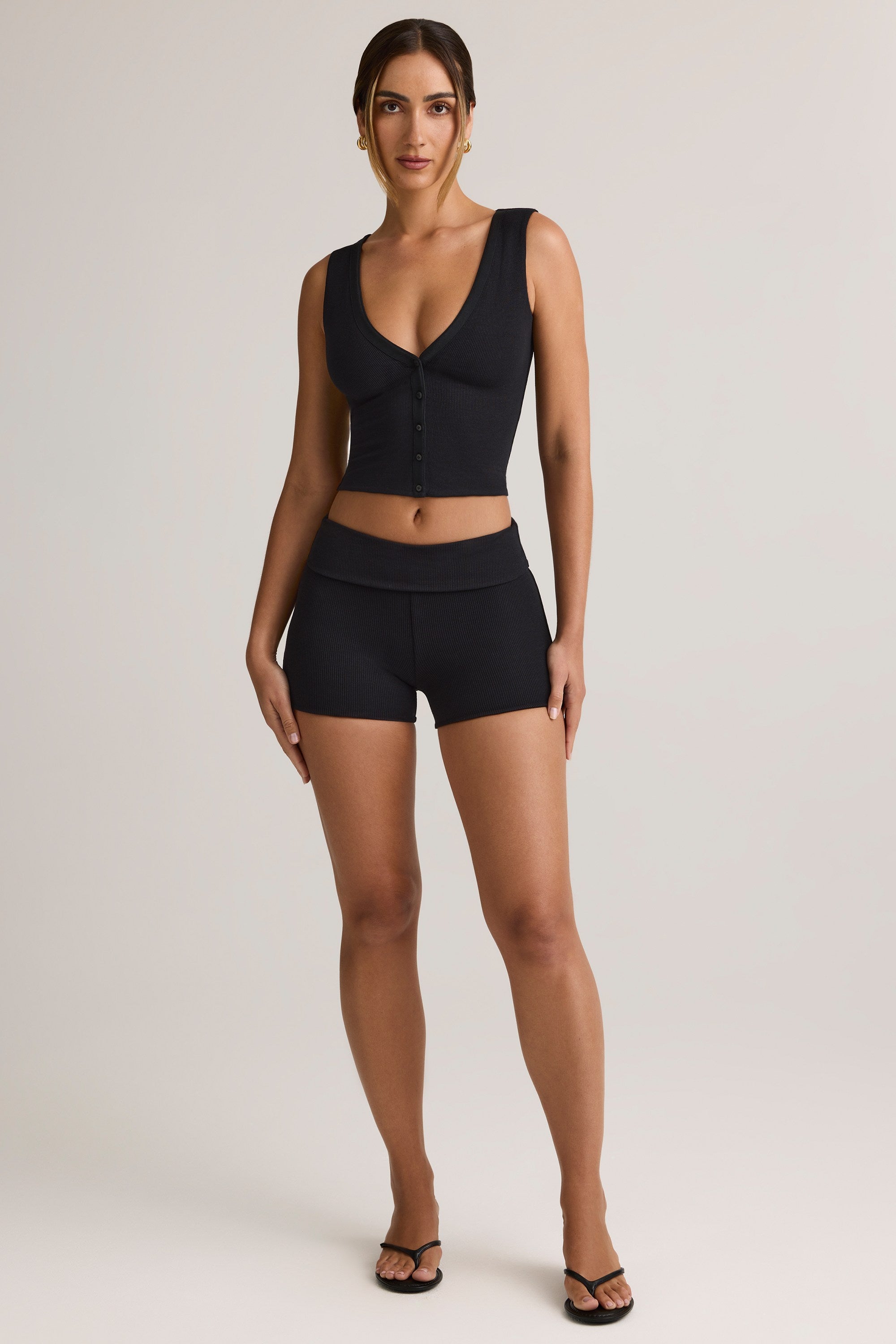 Lisha Modal Ribbed Mid-Rise Foldover Shorts in Black