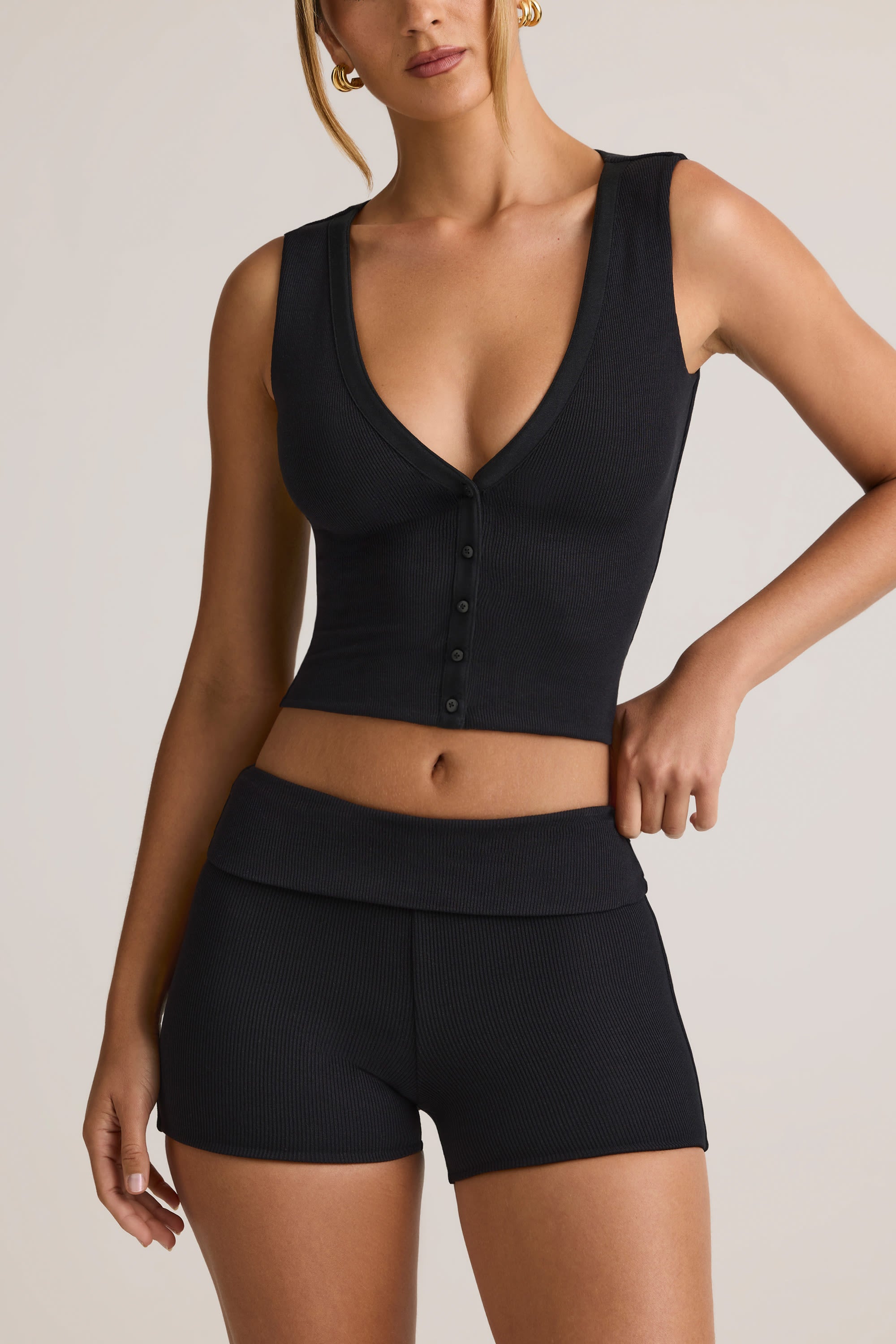 Lisha Modal Ribbed Mid-Rise Foldover Shorts in Black - Image 2