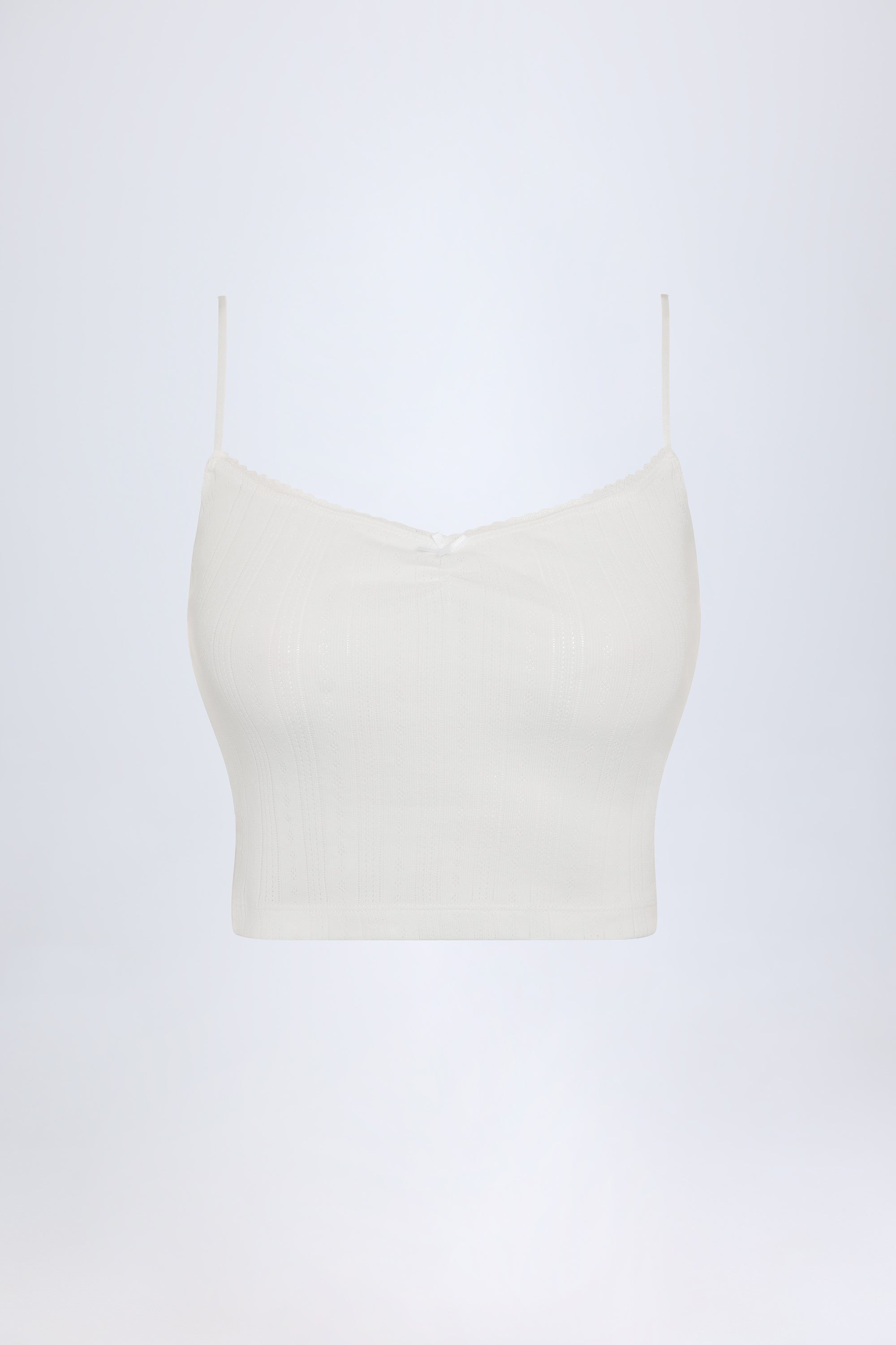 Livia Pointelle Ruched Camisole Crop Top in White - Image 9