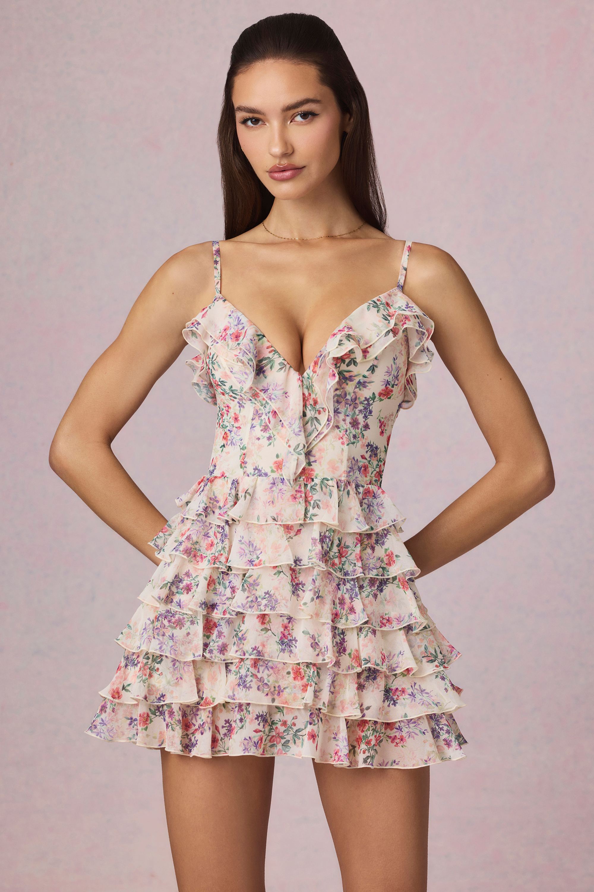 Lolina Ruffled Lace-Up A-Line Mini Dress in Primrose Floral Print