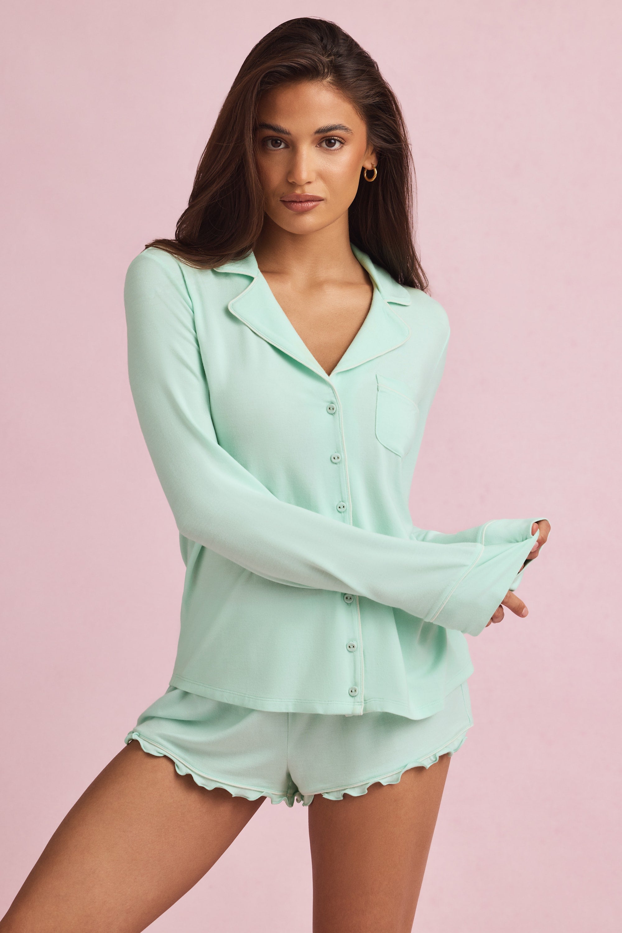 Mirae Bow-Detail Long-Sleeve Pyjama Top in Mint