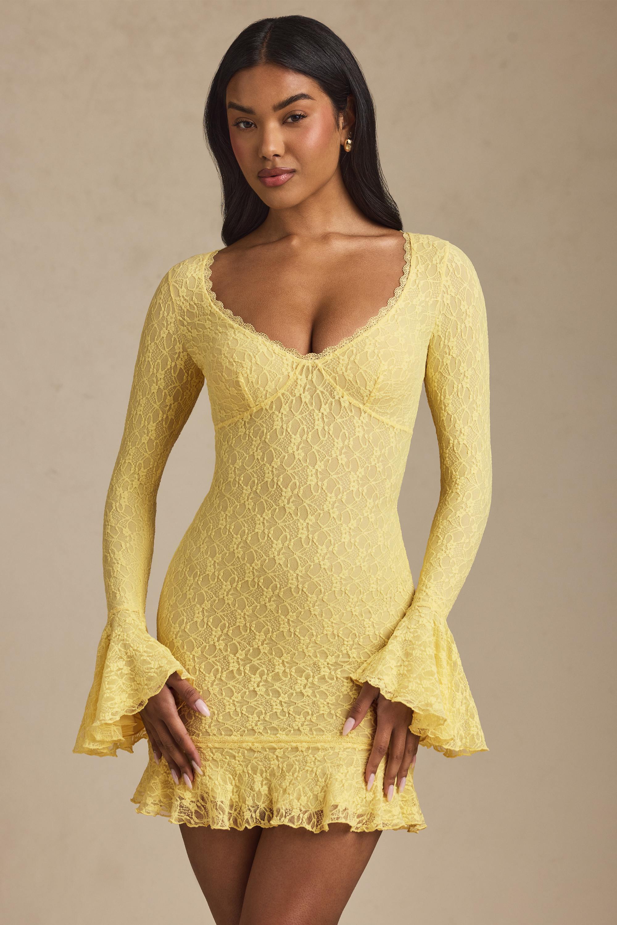 Nara Long-Sleeve Ruffled Lace Mini Dress in Pastel Yellow