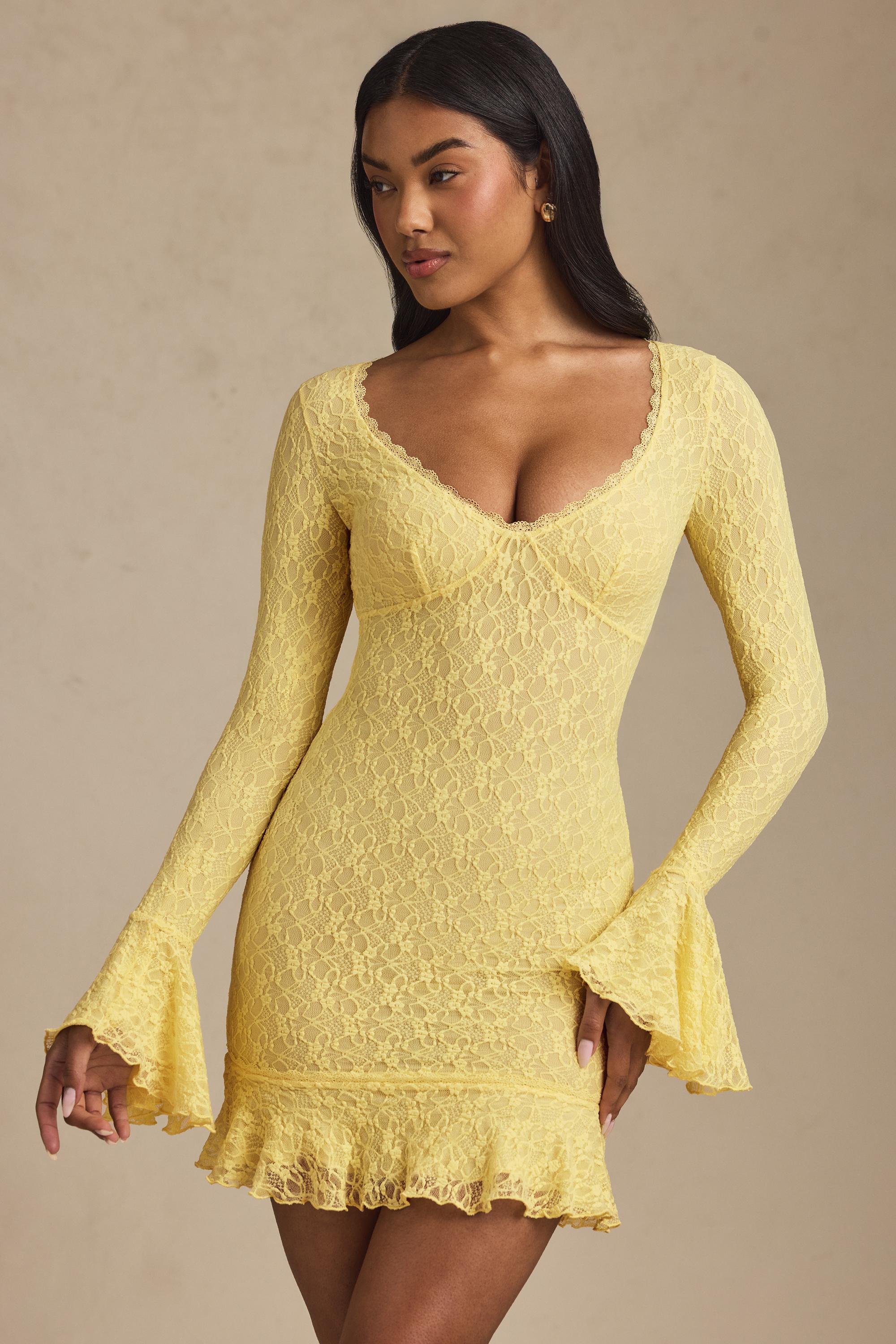 Nara Long-Sleeve Ruffled Lace Mini Dress in Pastel Yellow - Image 8