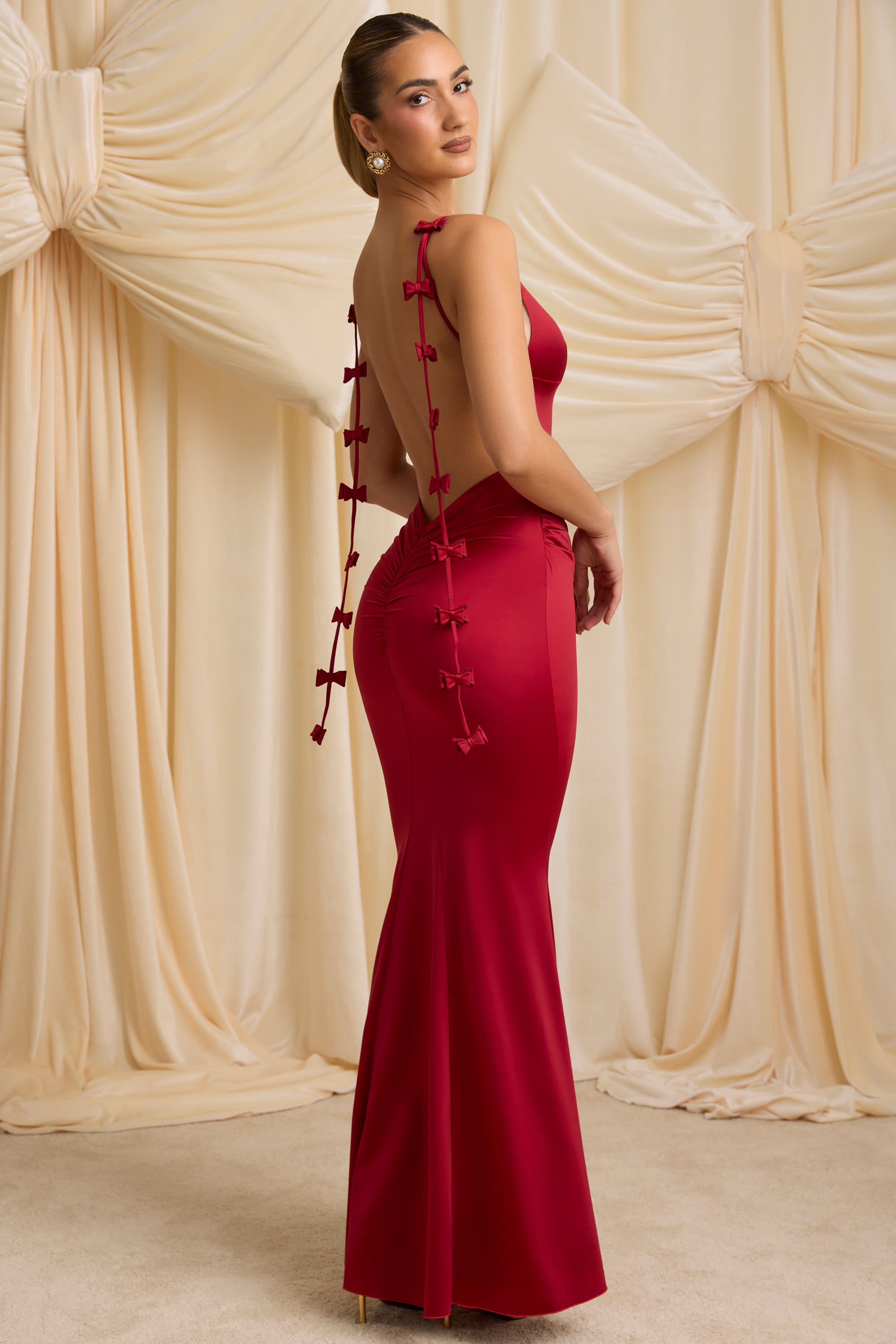 Lourdes Bow-Detail Draped Open-Back Gown in True Red - Image 8