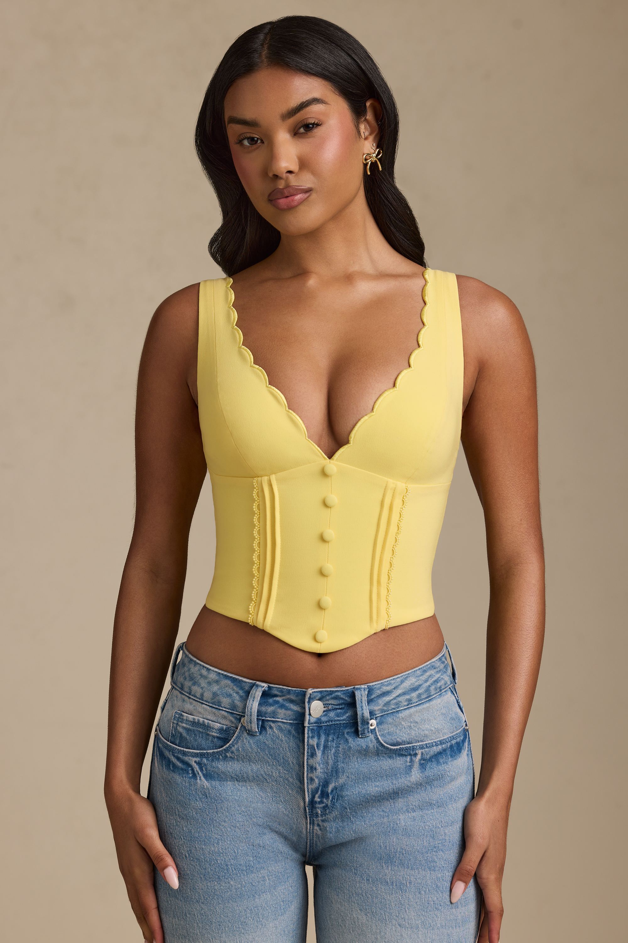 Lucia Plunge-Neck Scalloped Corset Top in Pastel Yellow