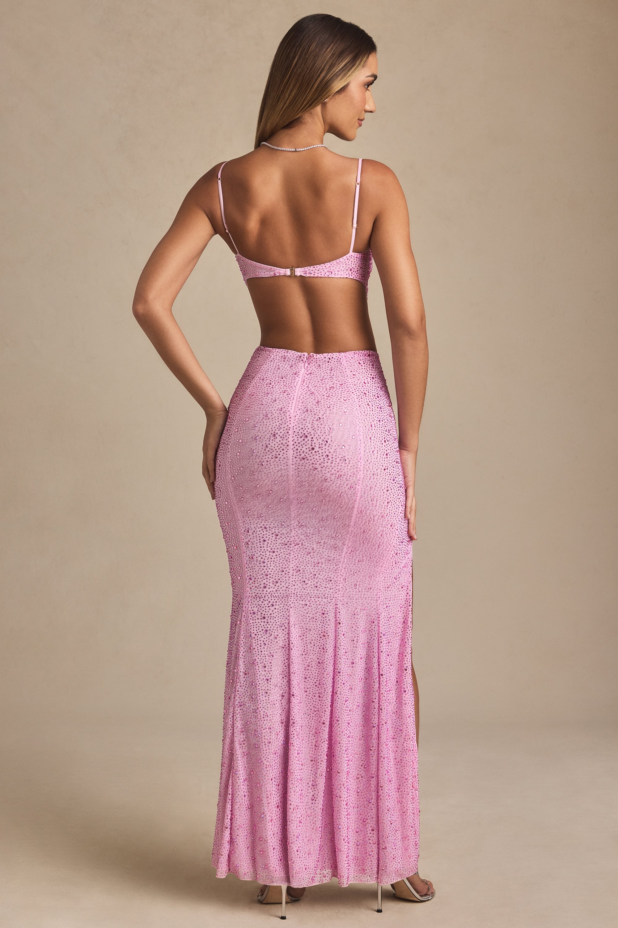Lucienne Embellished Cut-Out Fishtail Maxi Dress in Peony Pink - Image 2