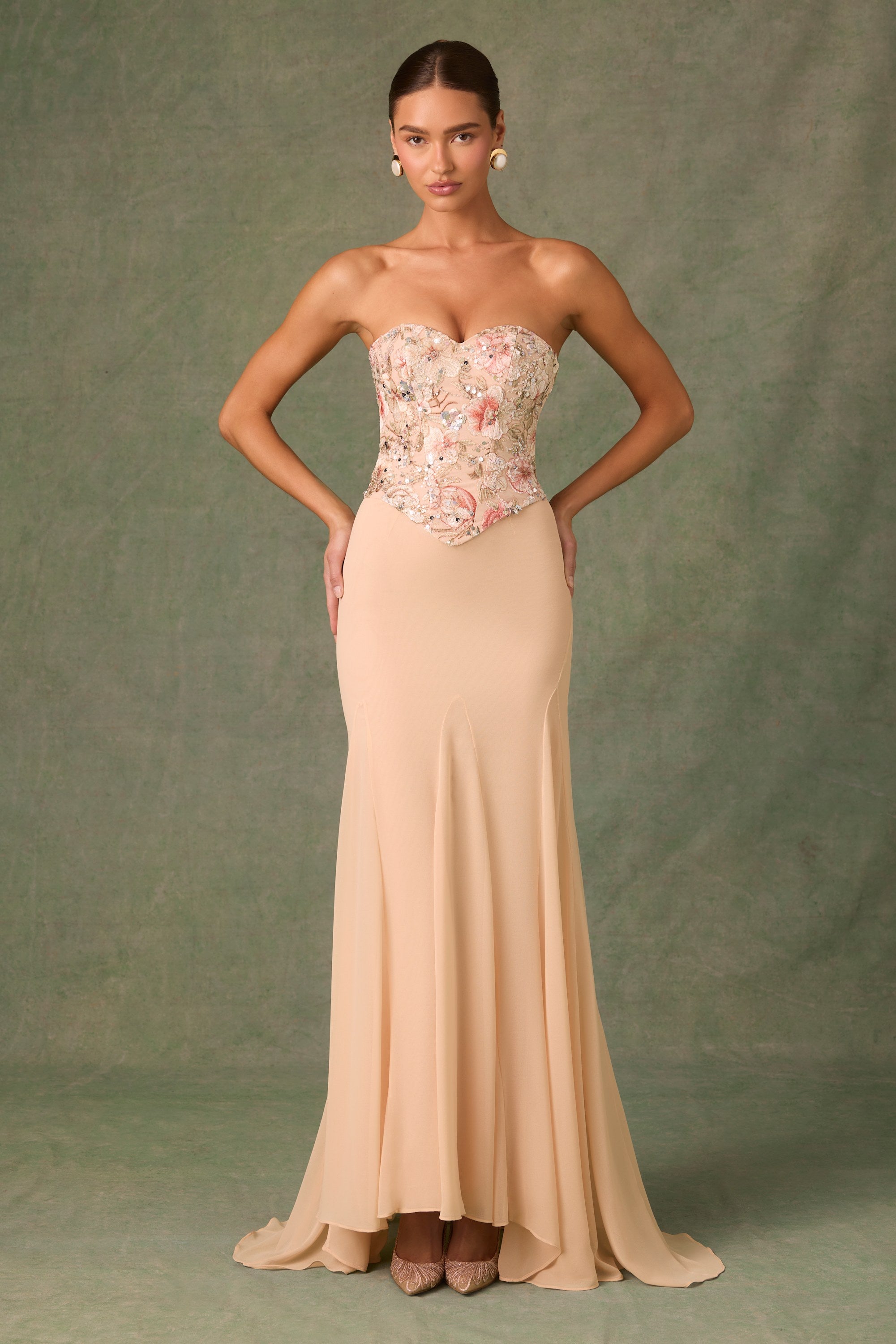 Lysana Embellished Corset Fishtail Gown in Floral Beige