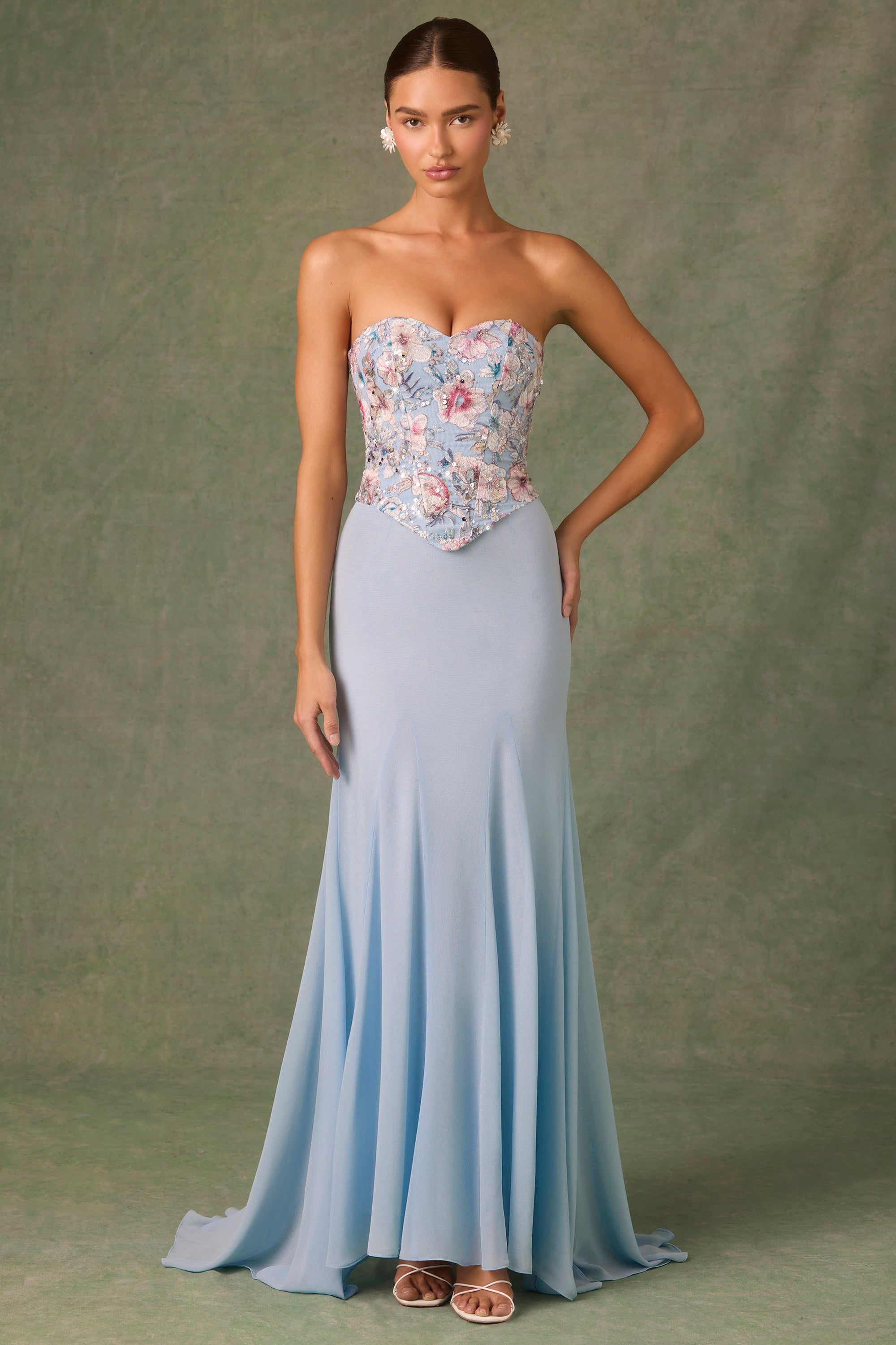 Lysana Embellished Corset Fishtail Gown in Floral Blue