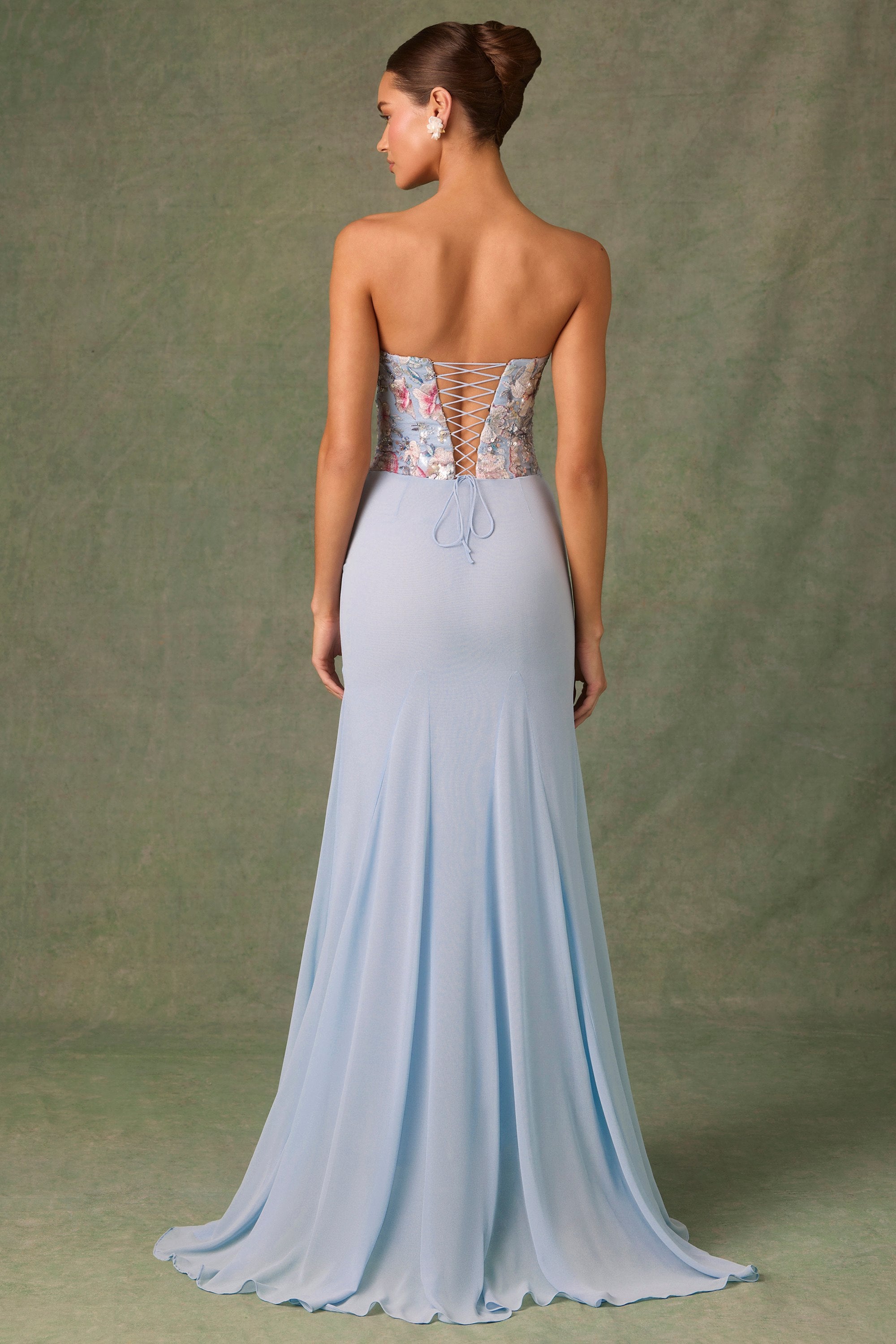 Lysana Embellished Corset Fishtail Gown in Floral Blue - Image 3