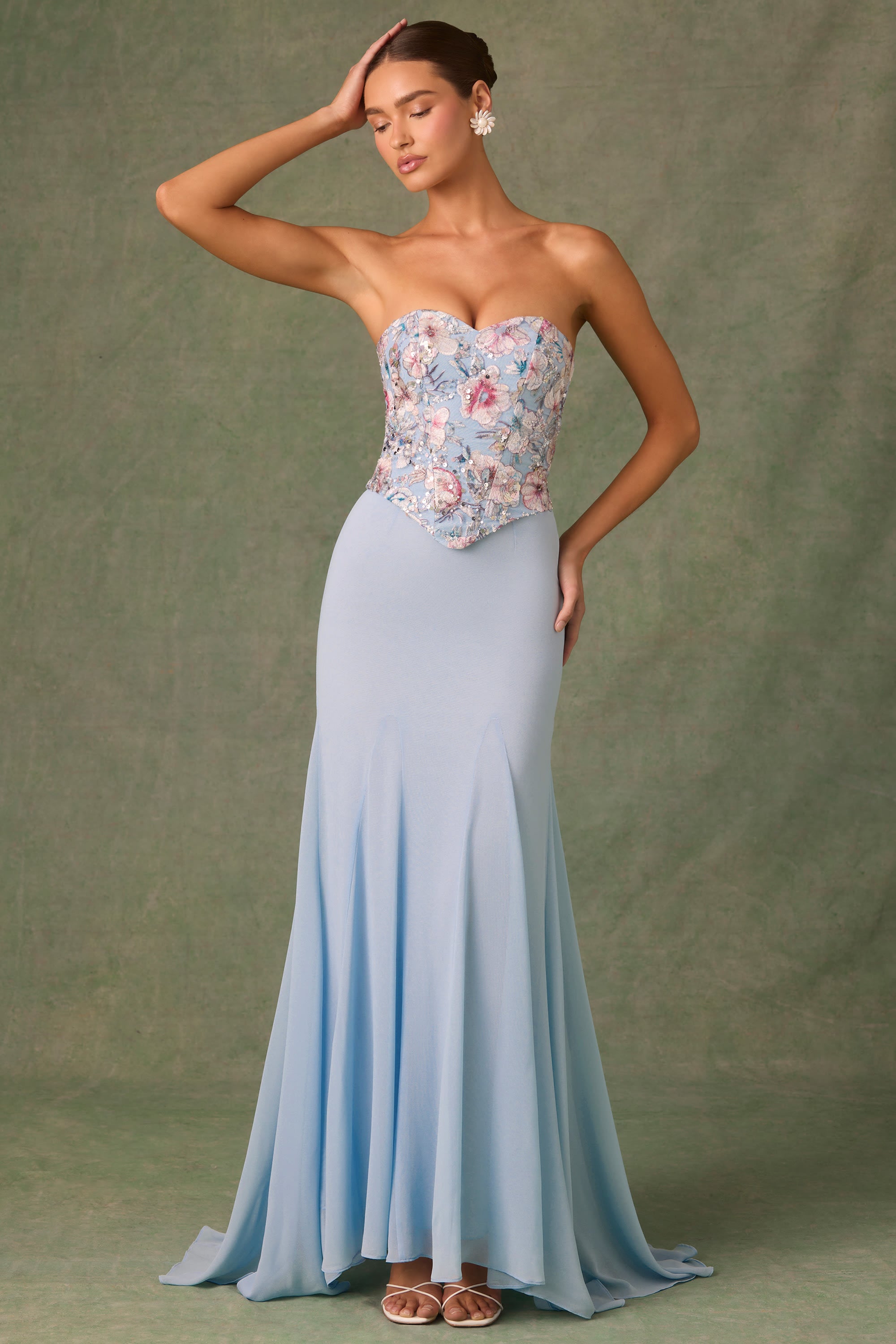 Lysana Embellished Corset Fishtail Gown in Floral Blue - Image 6