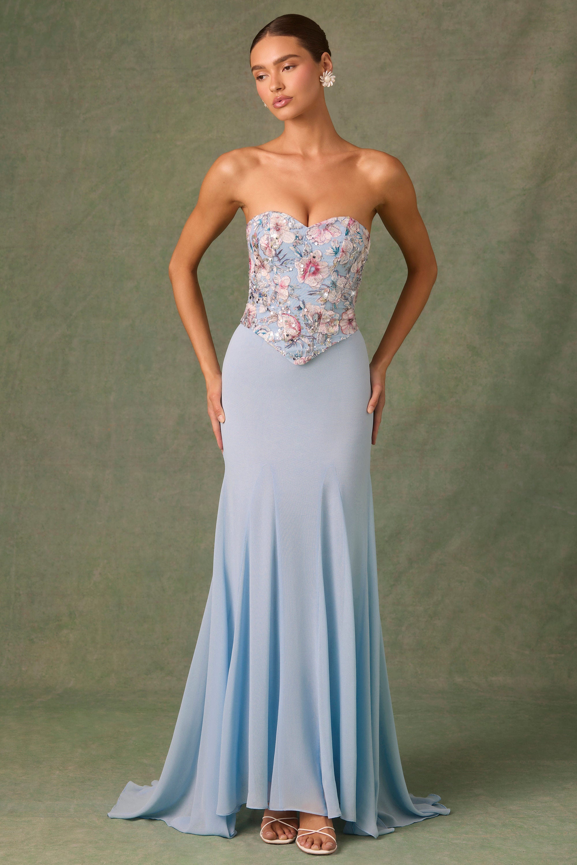 Lysana Embellished Corset Fishtail Gown in Floral Blue - Image 7