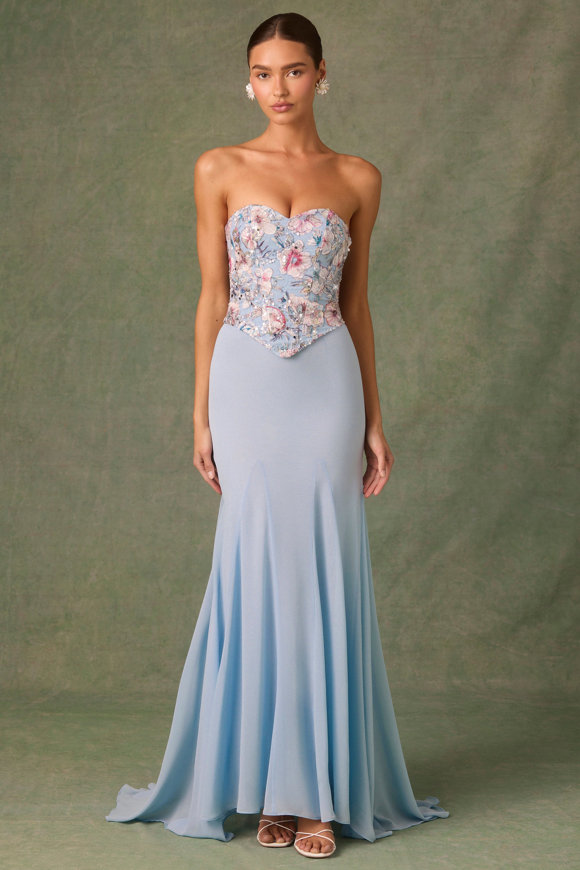 Lysana Embellished Corset Fishtail Gown in Floral Blue - Image 8