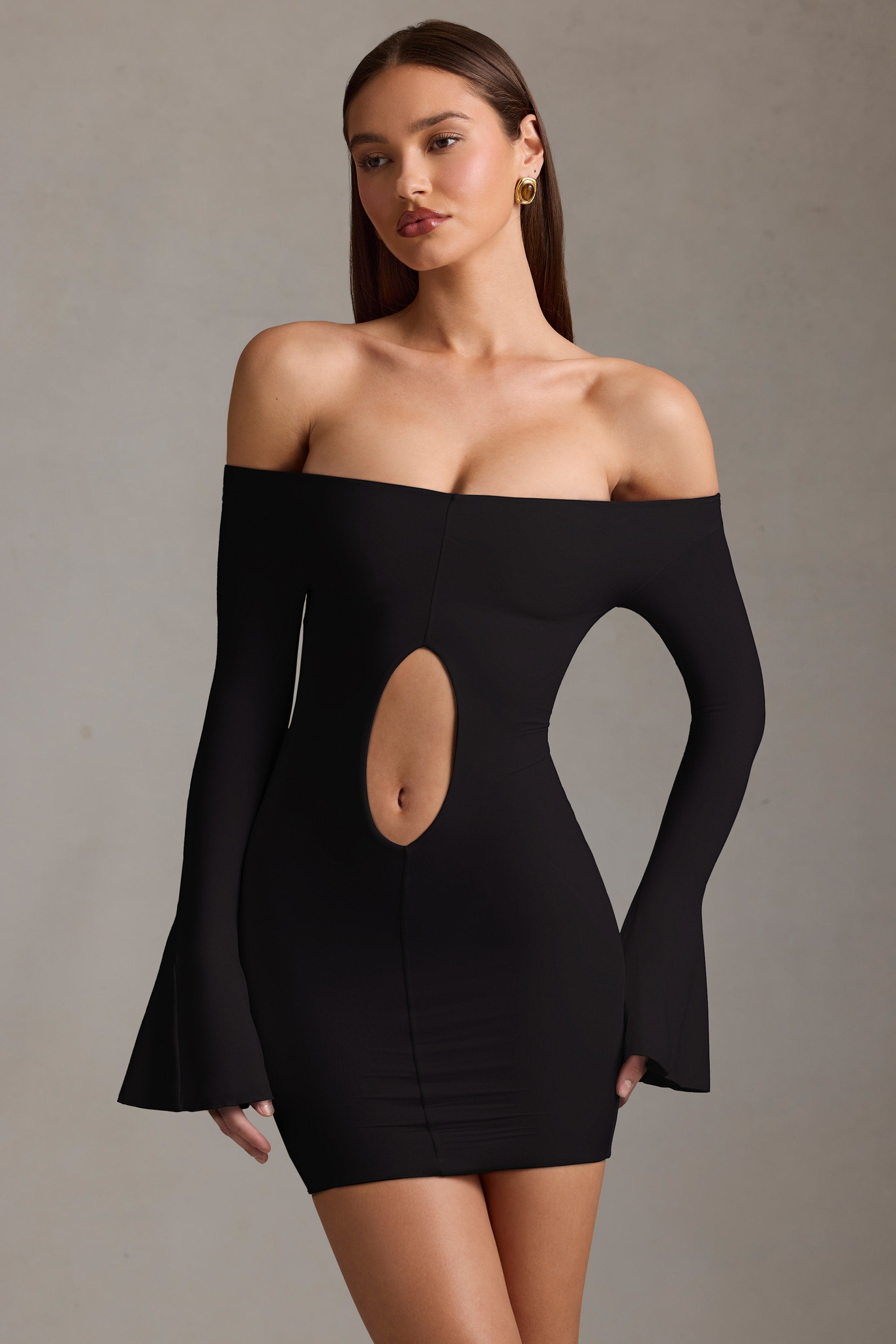 Madelina Off-Shoulder Cut-Out Mini Dress in Black