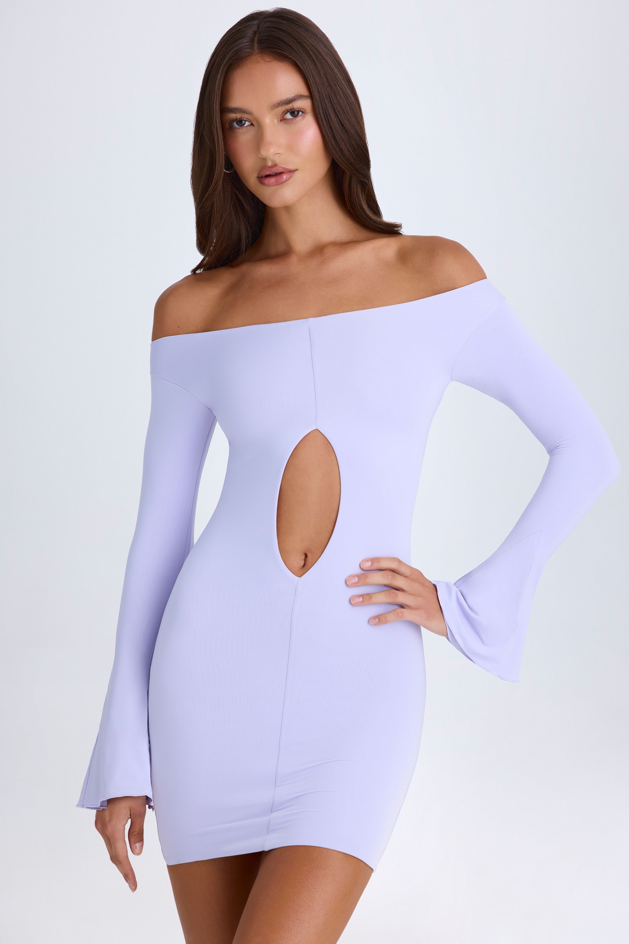 Madelina Off-Shoulder Cut-Out Mini Dress in Soft Lilac