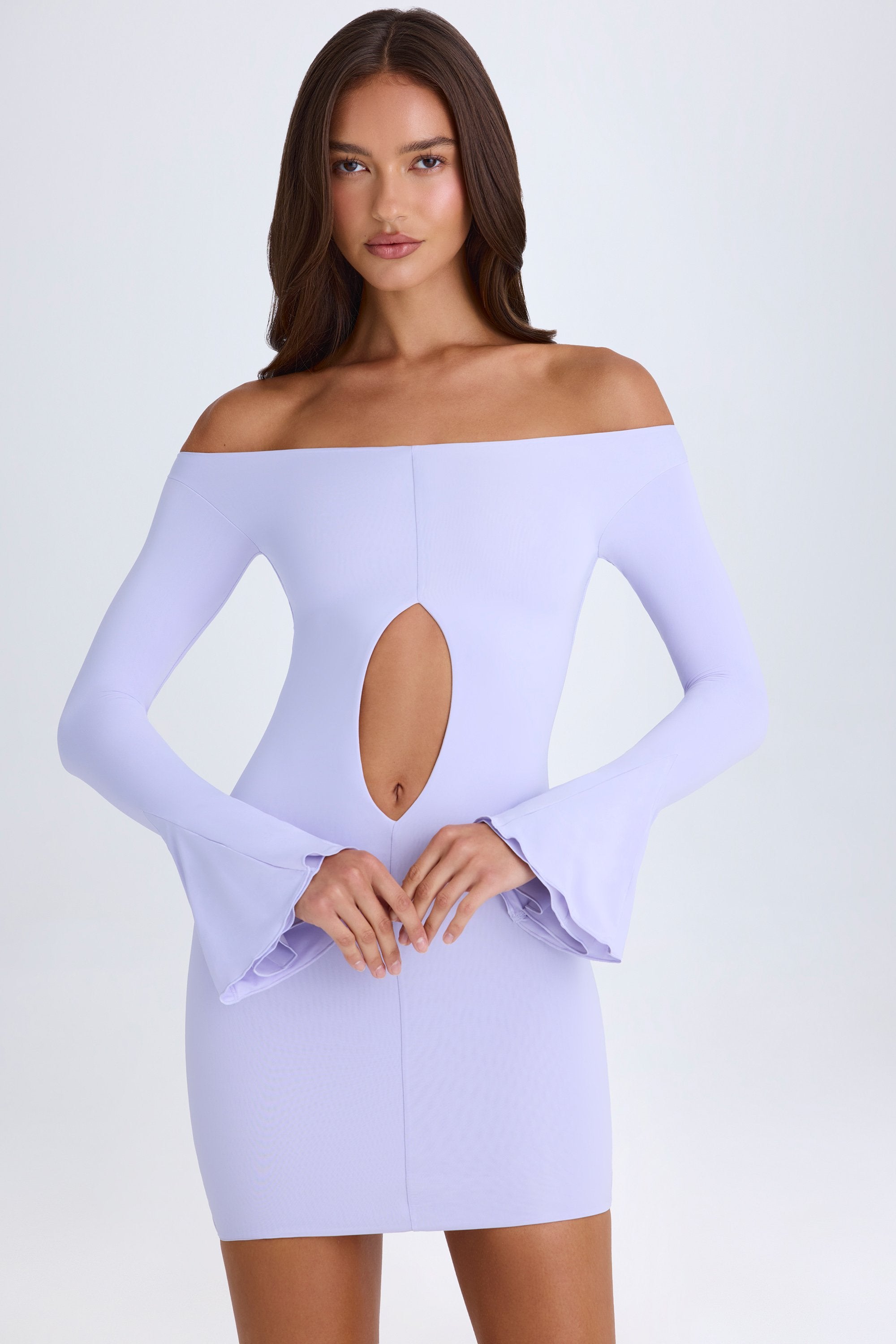 Madelina Off-Shoulder Cut-Out Mini Dress in Soft Lilac - Image 7