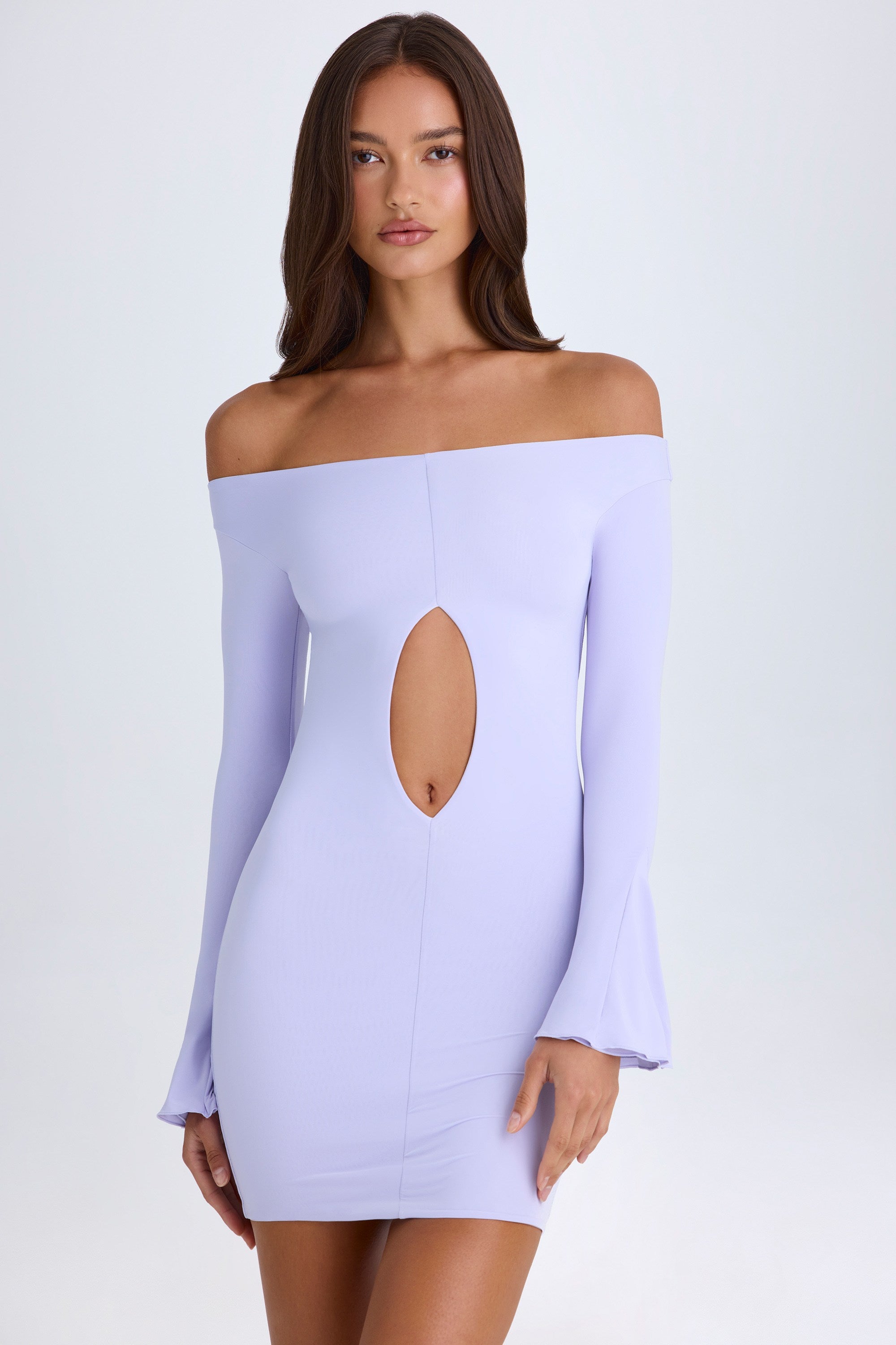 Madelina Off-Shoulder Cut-Out Mini Dress in Soft Lilac - Image 8