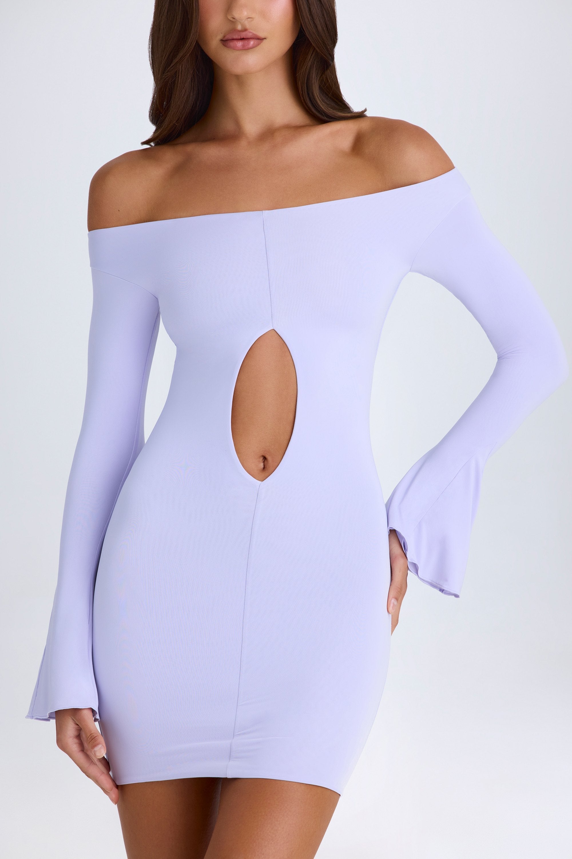 Madelina Off-Shoulder Cut-Out Mini Dress in Soft Lilac - Image 6