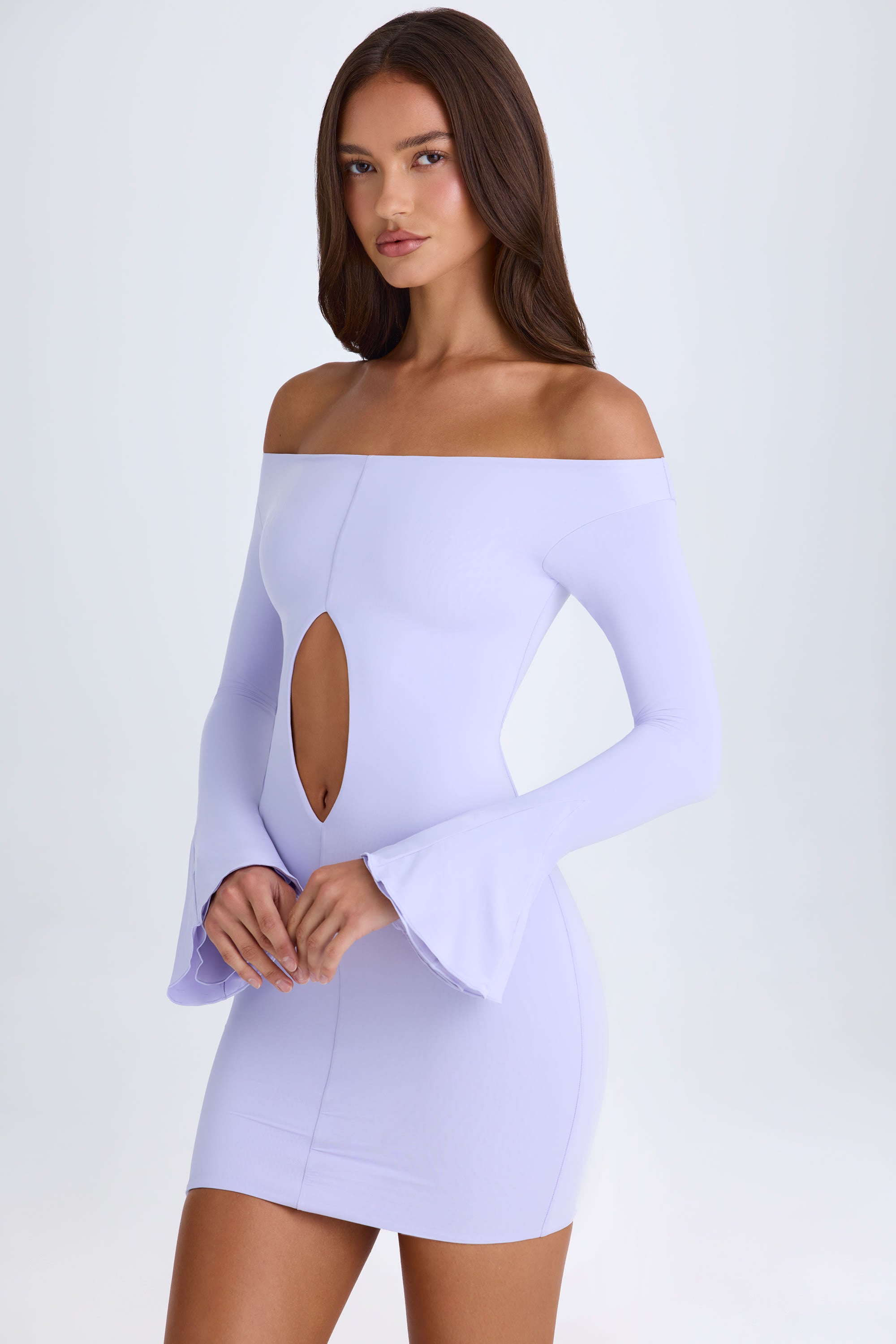 Madelina Off-Shoulder Cut-Out Mini Dress in Soft Lilac - Image 9