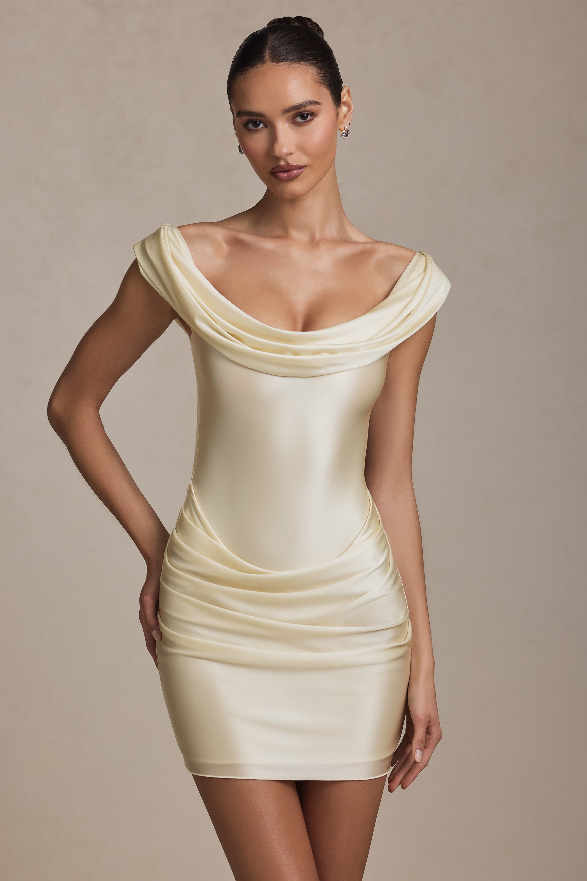 Maeve Off-Shoulder Draped Mini Dress in Ivory