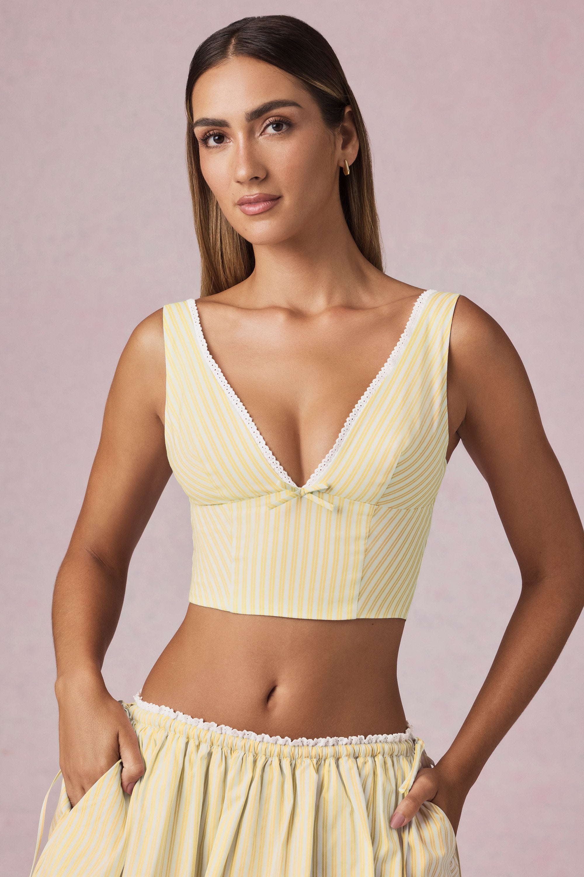 Magda Bow-Detail Crop Top in Lemon Yellow Stripe