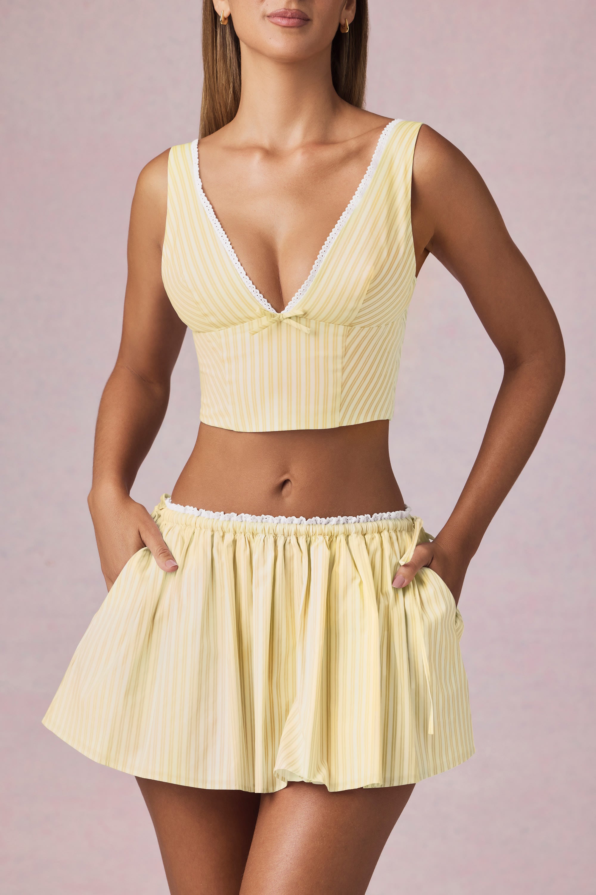 Magda Bow-Detail Crop Top in Lemon Yellow Stripe - Image 2