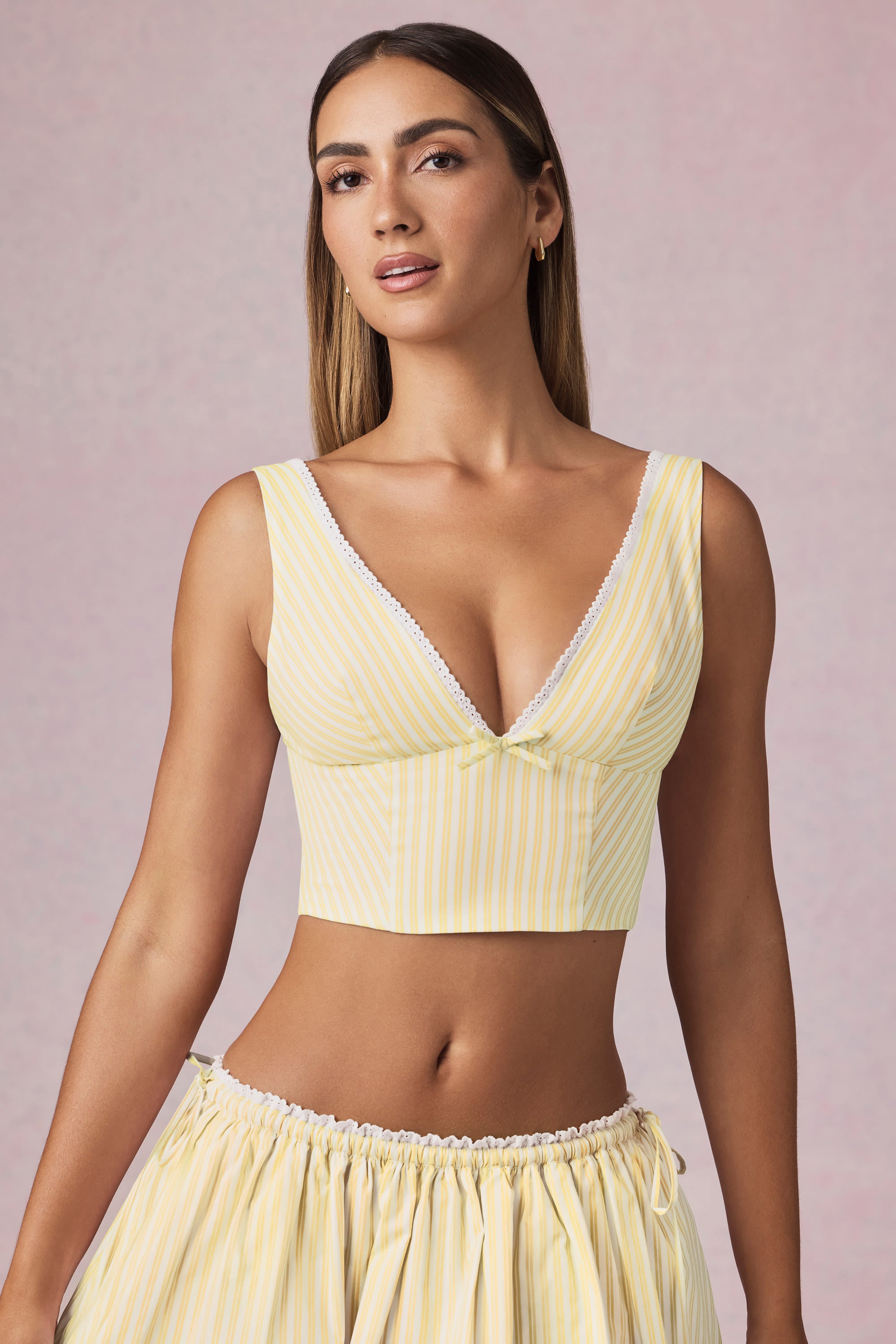 Magda Bow-Detail Crop Top in Lemon Yellow Stripe - Image 5