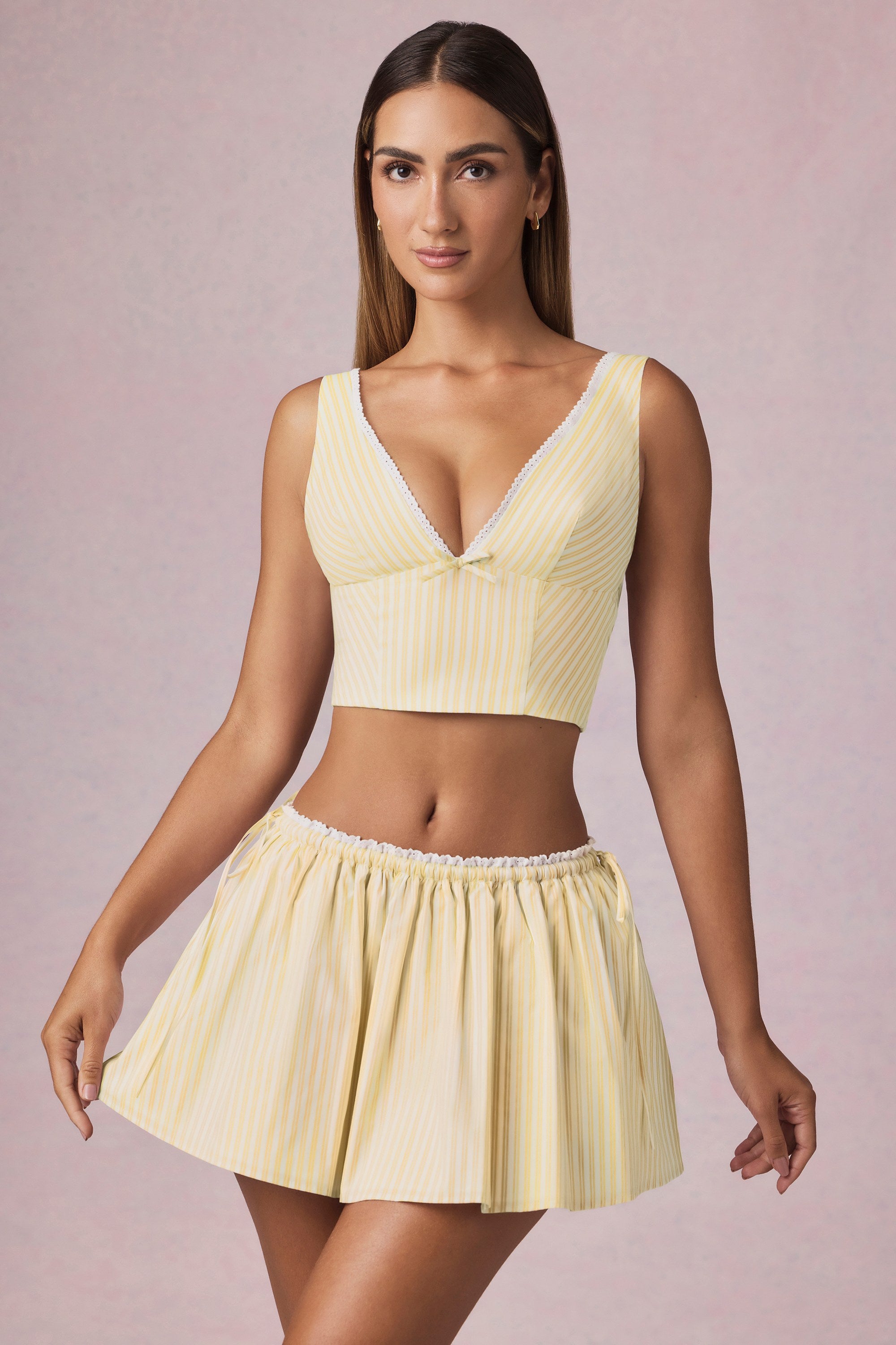 Maira Ruched Drawstring Mini Skirt in Lemon Yellow Stripe