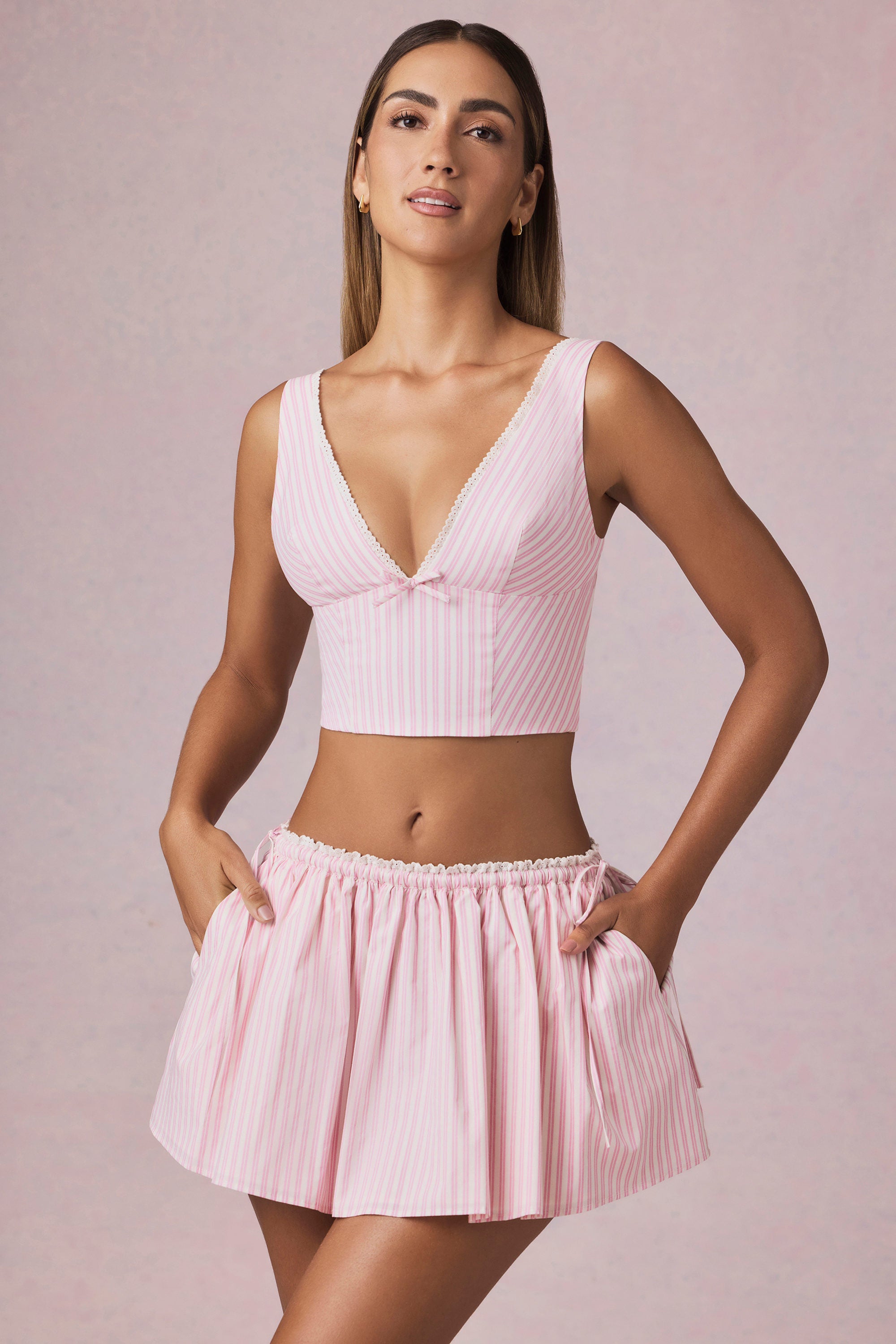 Maira Ruched Drawstring Mini Skirt in Soft Mauve Stripe