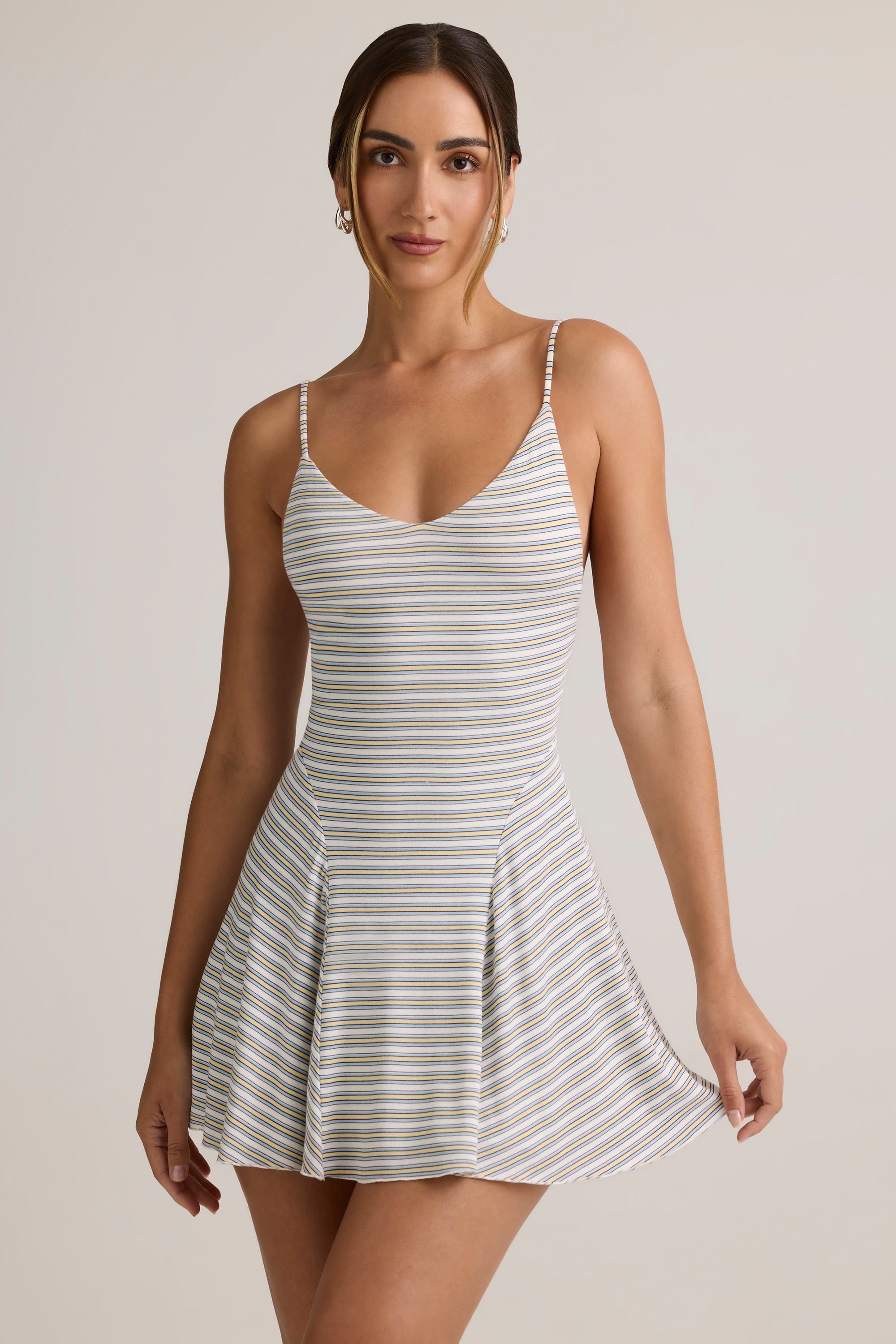 Mansi Modal Ribbed Tie-Back A-Line Mini Dress in Blue & Yellow Stripe