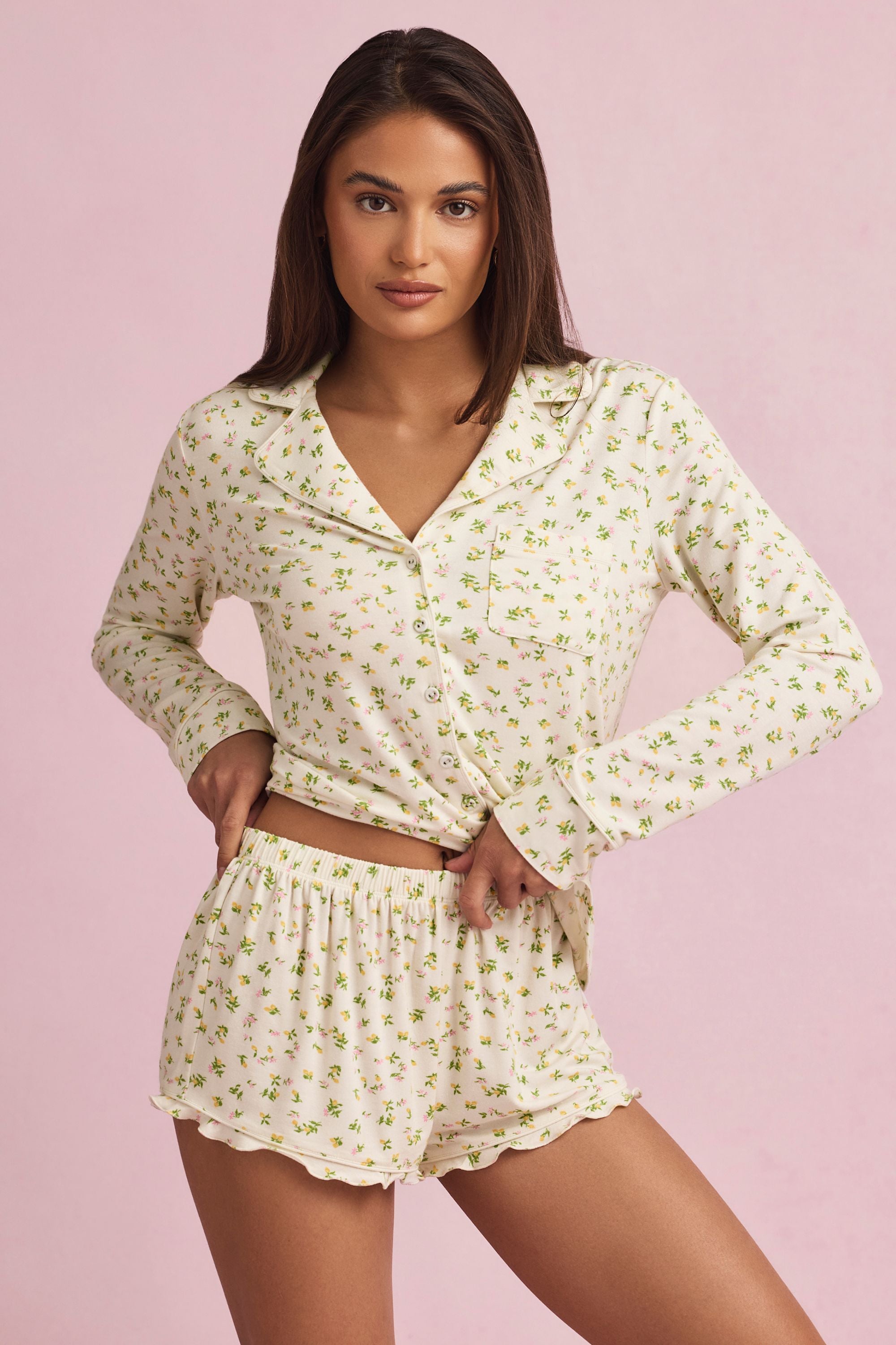 Maphie Ruffle-Trim Pyjama Shorts in Lemon Print - Image 7