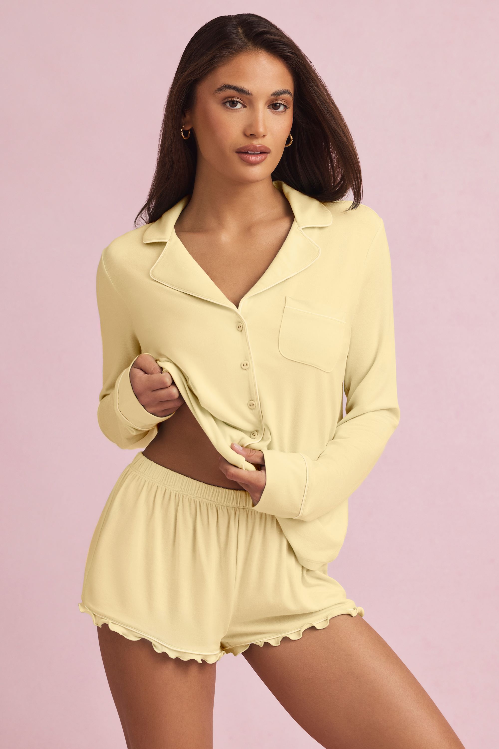 Maphie Ruffle-Trim Pyjama Shorts in Pastel Yellow - Image 6