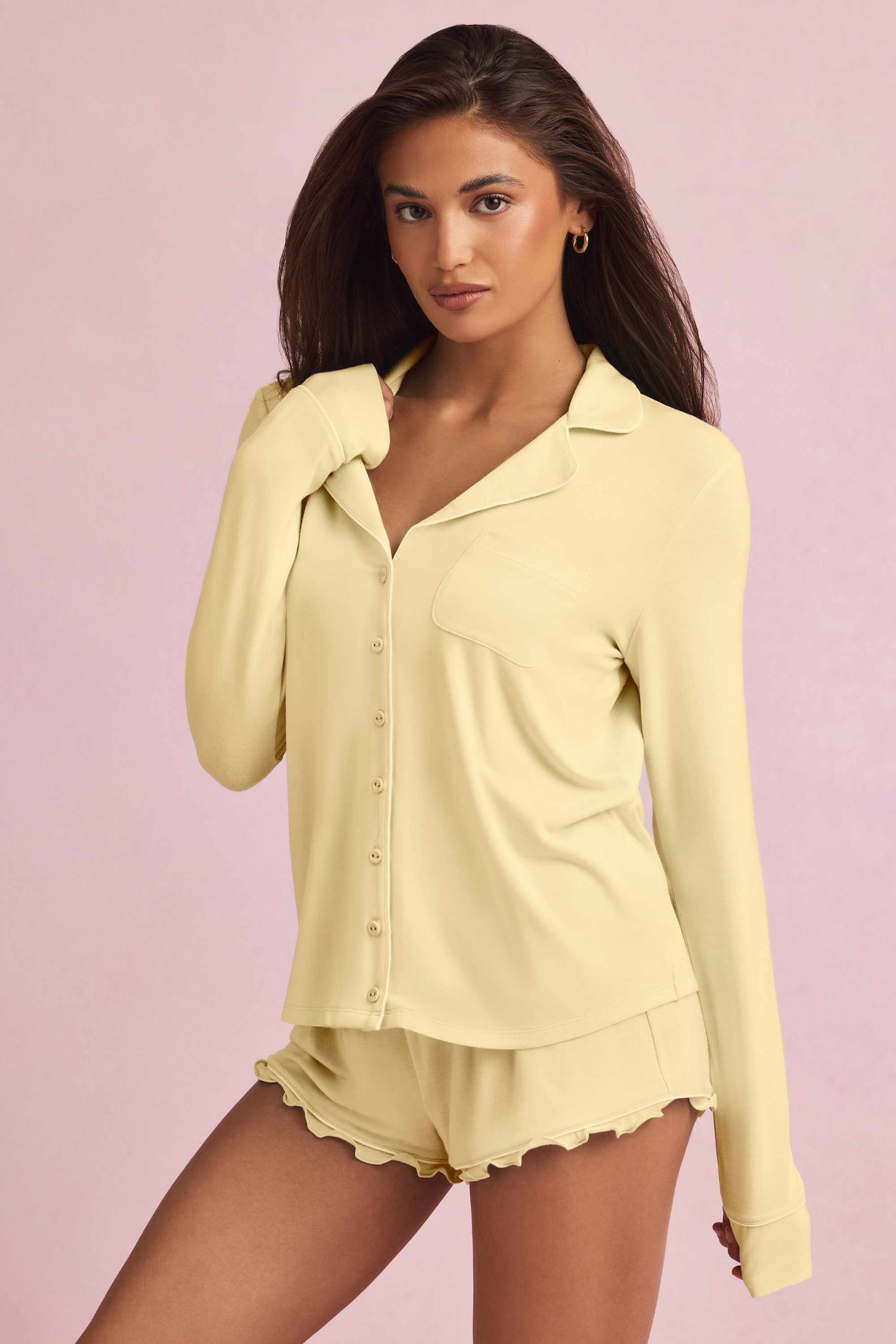 Maphie Ruffle-Trim Pyjama Shorts in Pastel Yellow - Image 7