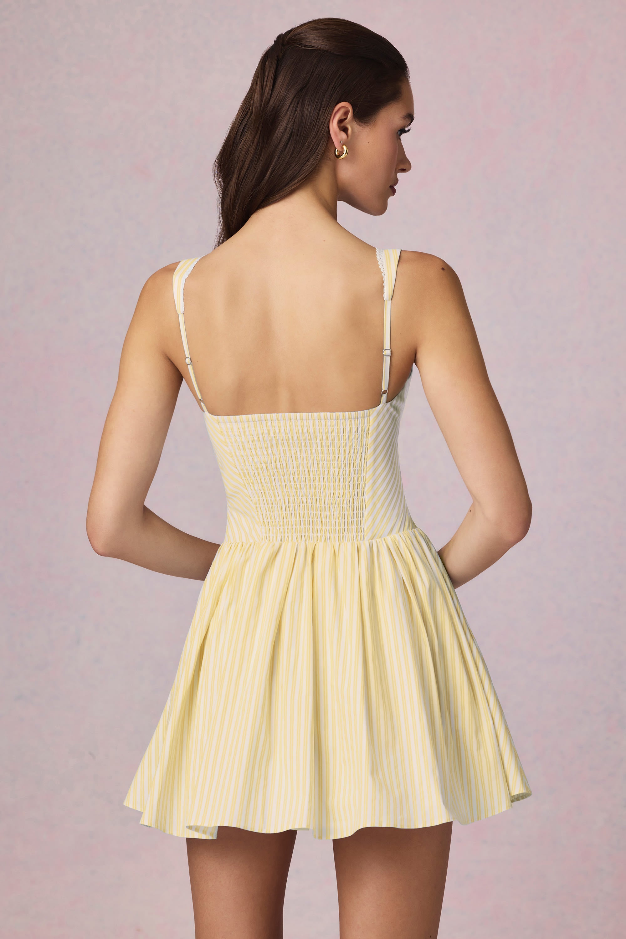 Marissa Bow-Detail A-Line Mini Dress in Lemon Yellow Stripe - Image 3