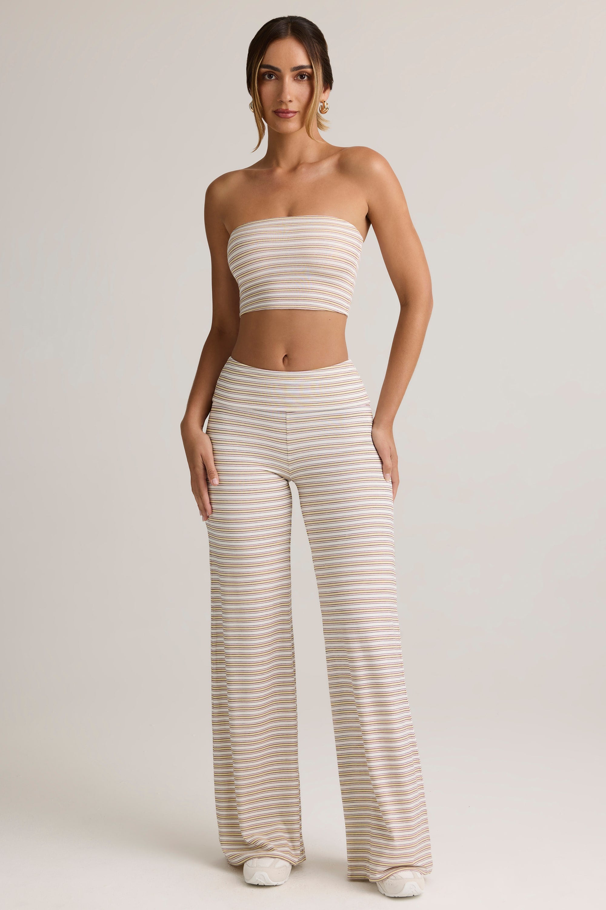 Melida Modal Foldover Wide-Leg Trousers in Pink & Yellow Stripe
