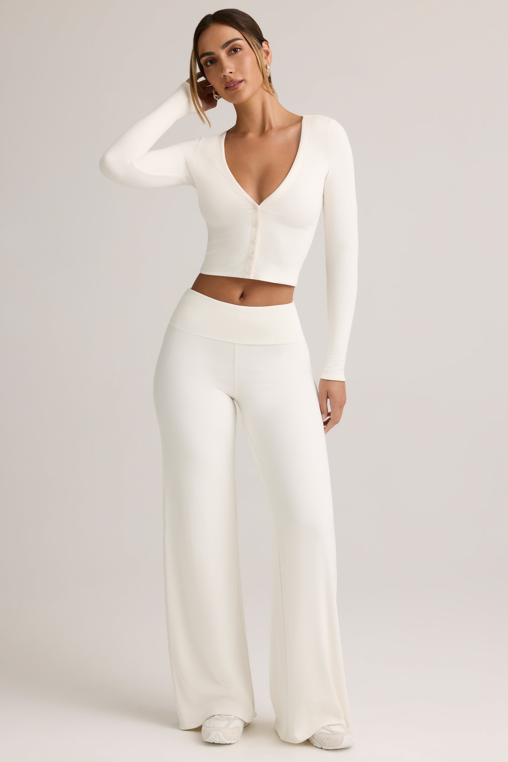 Melida Modal Foldover Wide-Leg Trousers in White