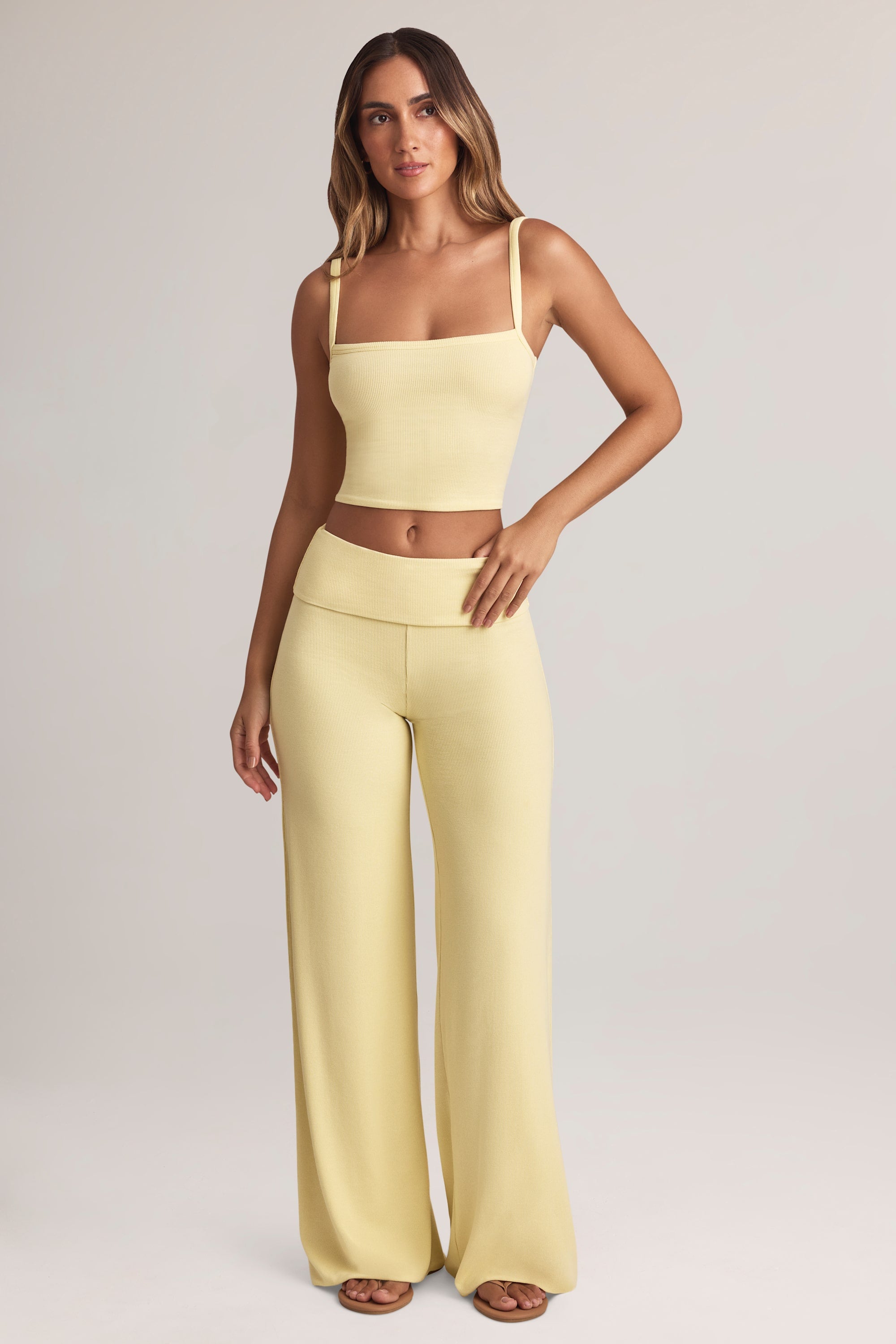 Melida Modal Foldover Wide-Leg Trousers in Lemon Sherbet