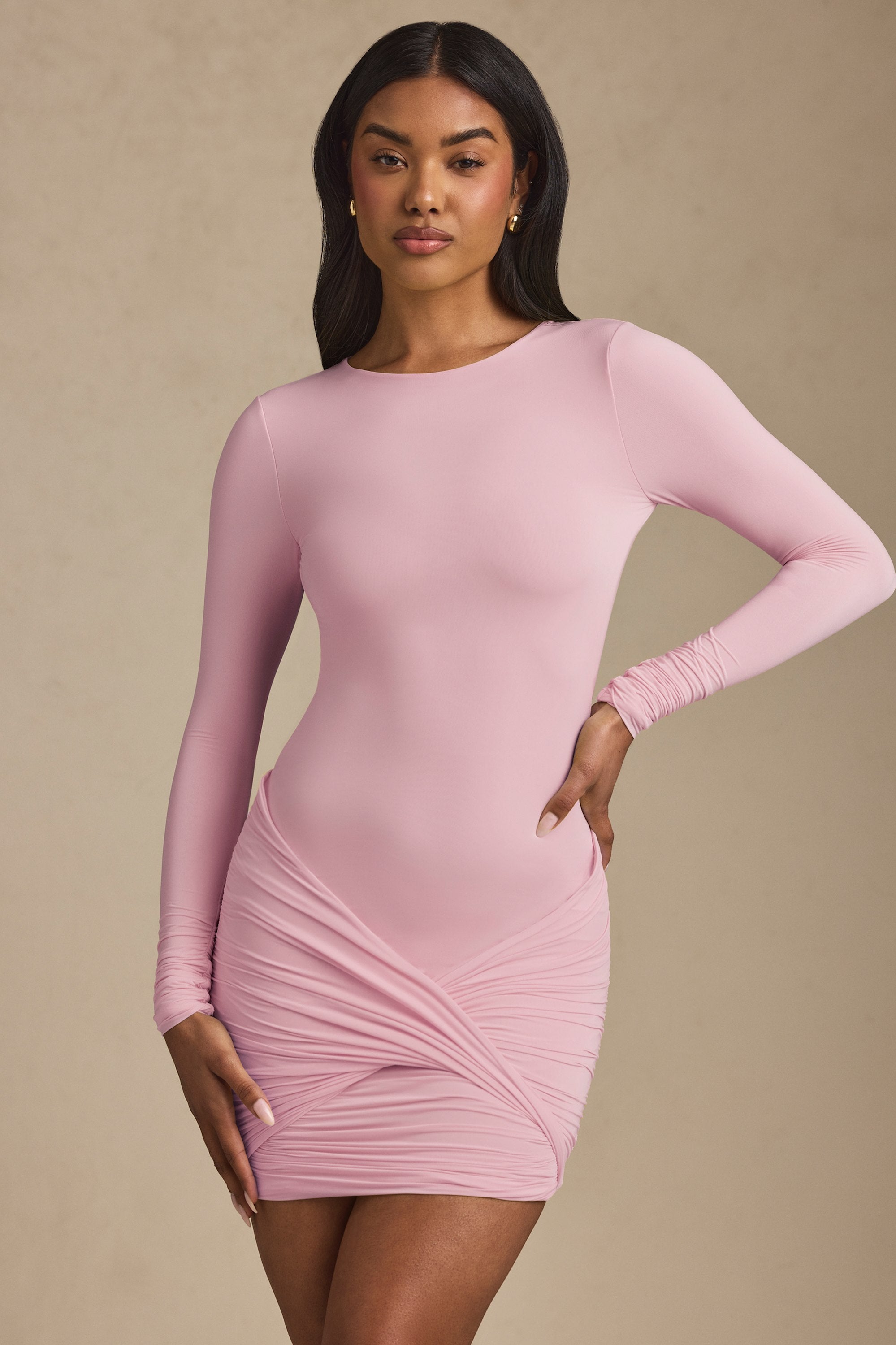Mira Twist-Front Ruched Backless Mini Dress in Soft Pink