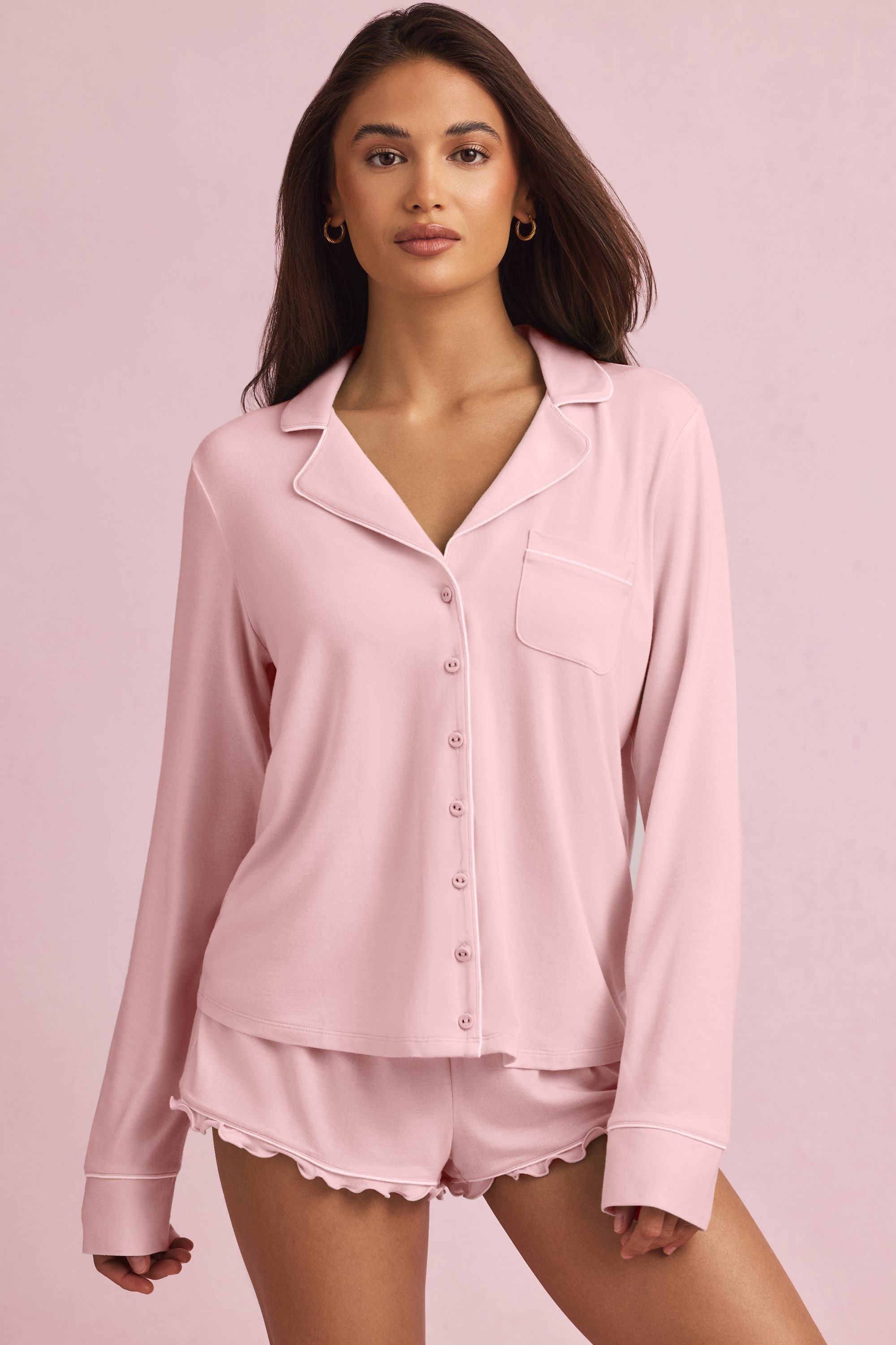 Mirae Bow-Detail Long-Sleeve Pyjama Top in Baby Pink