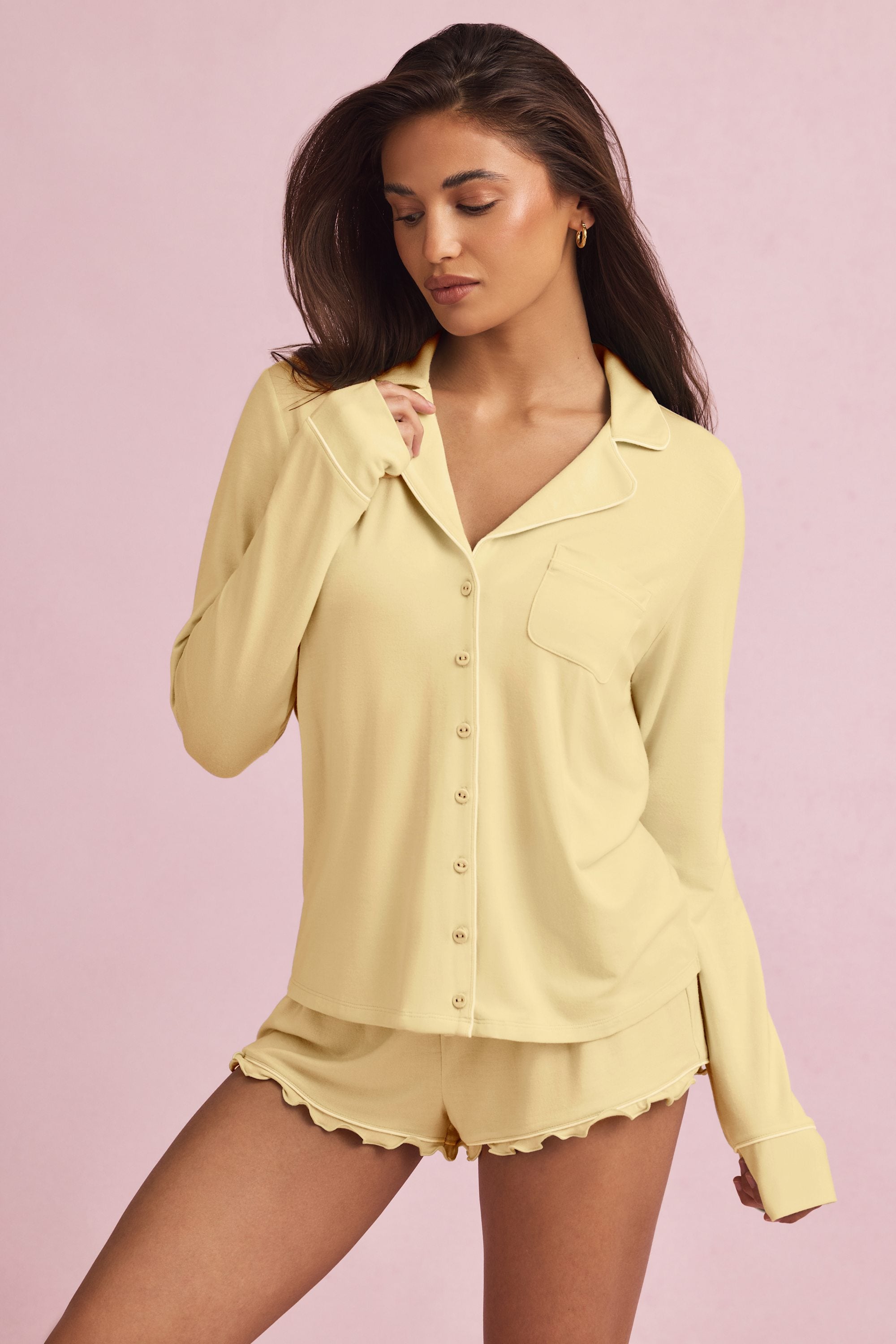 Mirae Bow-Detail Long-Sleeve Pyjama Top in Pastel Yellow