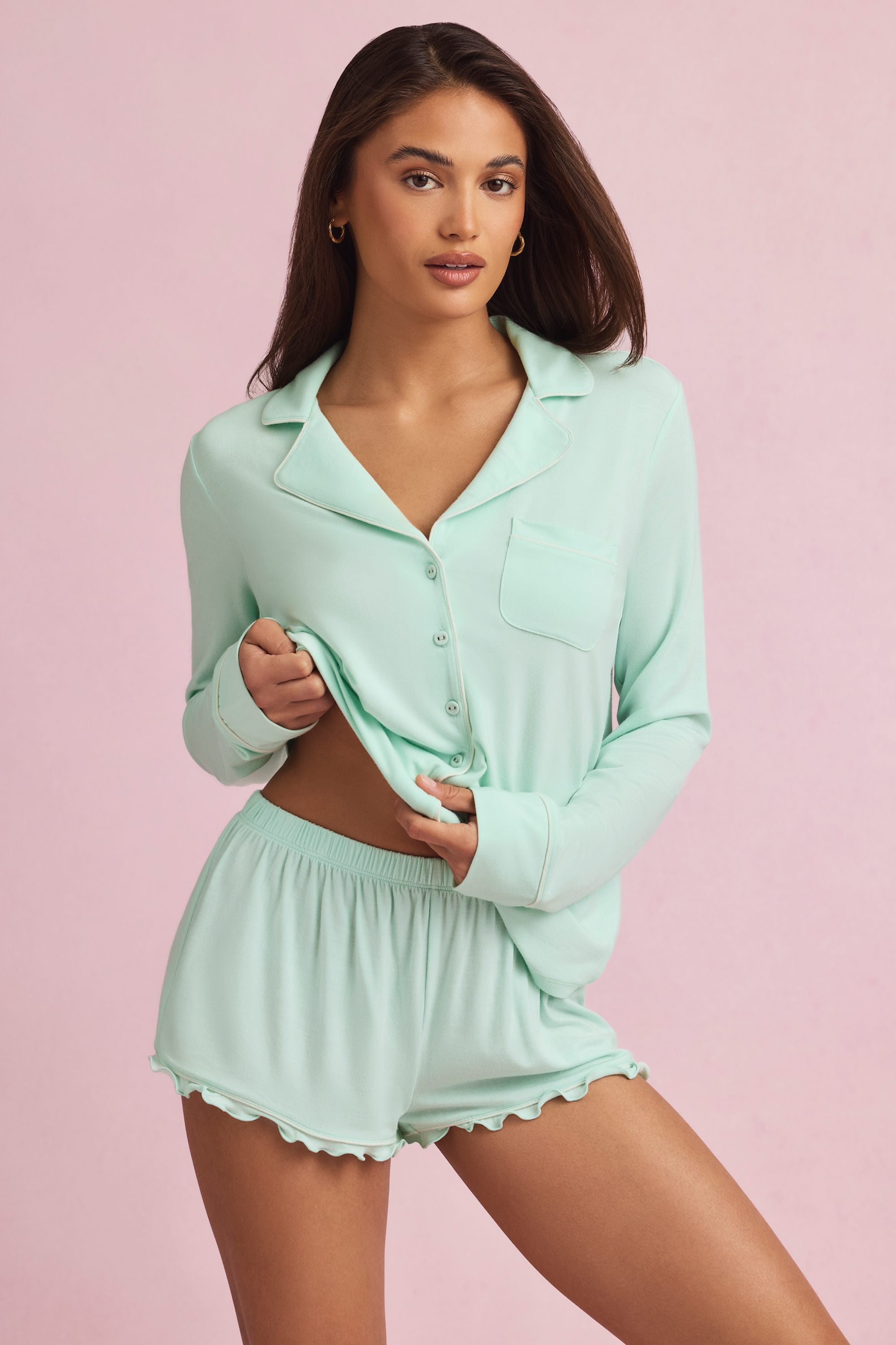 Maphie Ruffle-Trim Pyjama Shorts in Mint - Image 5